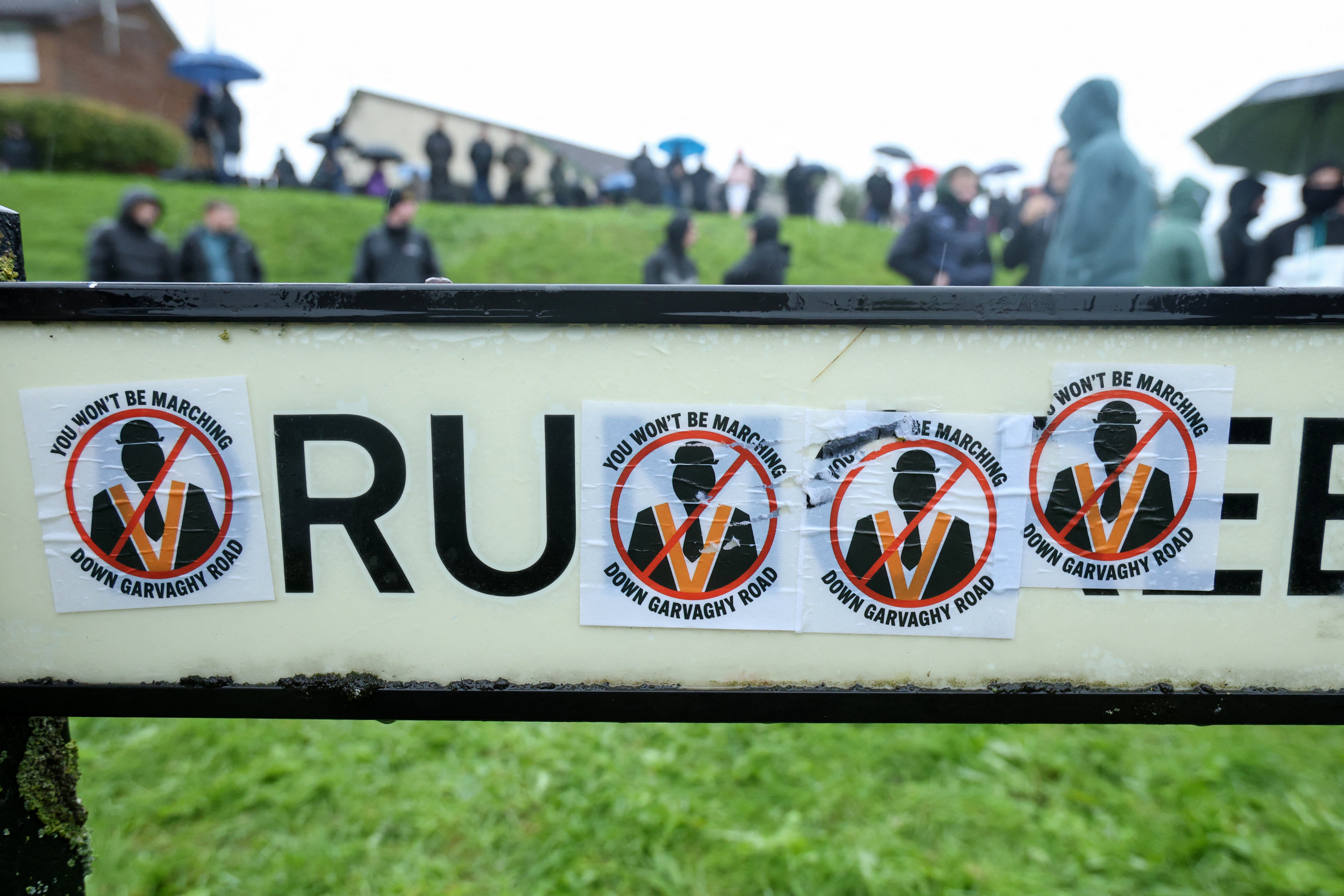 Stickers cover a road sign on Garvaghy Road in Portadown