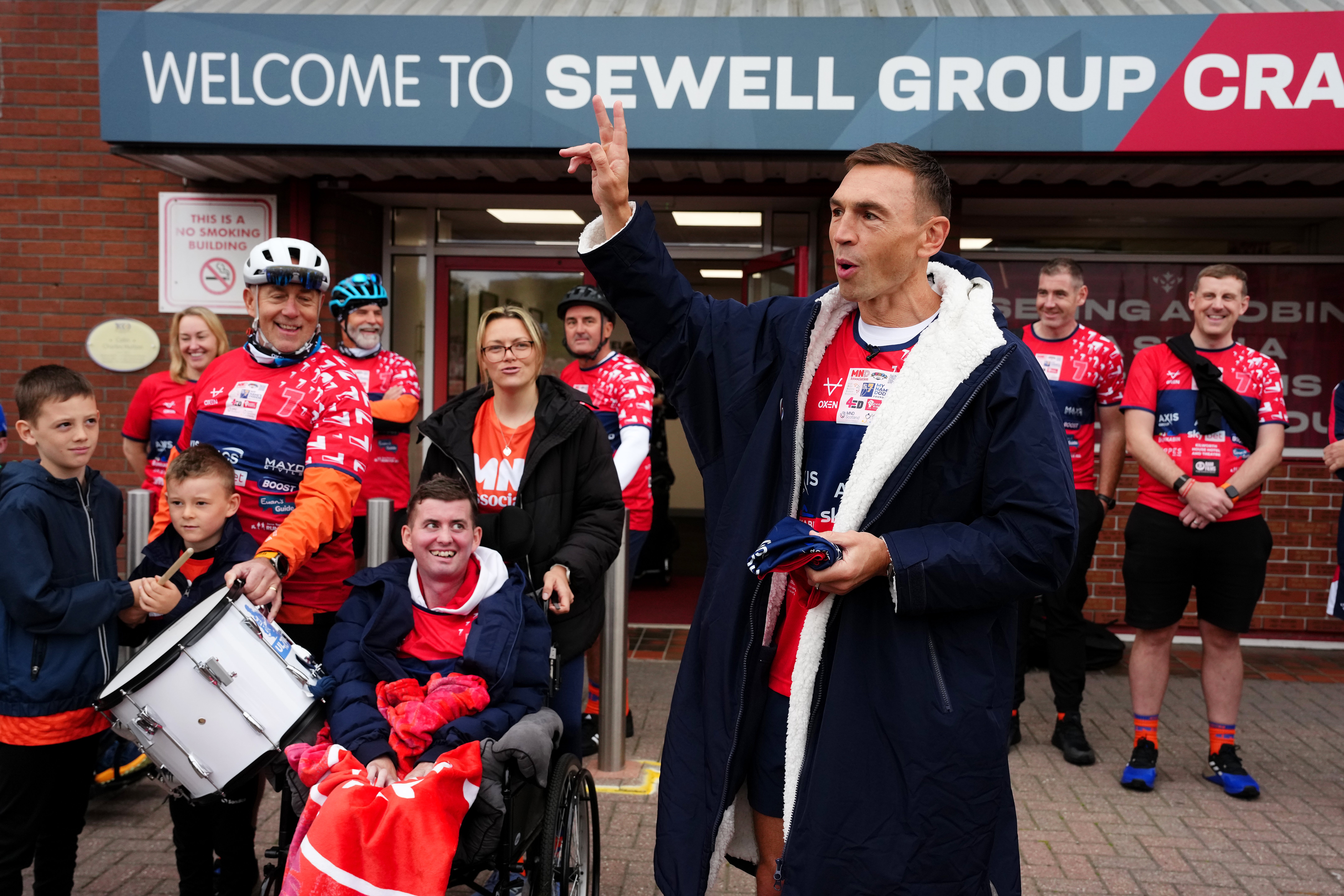 Sir Kevin Sinfield is visiting the home grounds of all 12 English Betfred Super League clubs on his way to the finish at Old Trafford (Martin Rickett/PA)