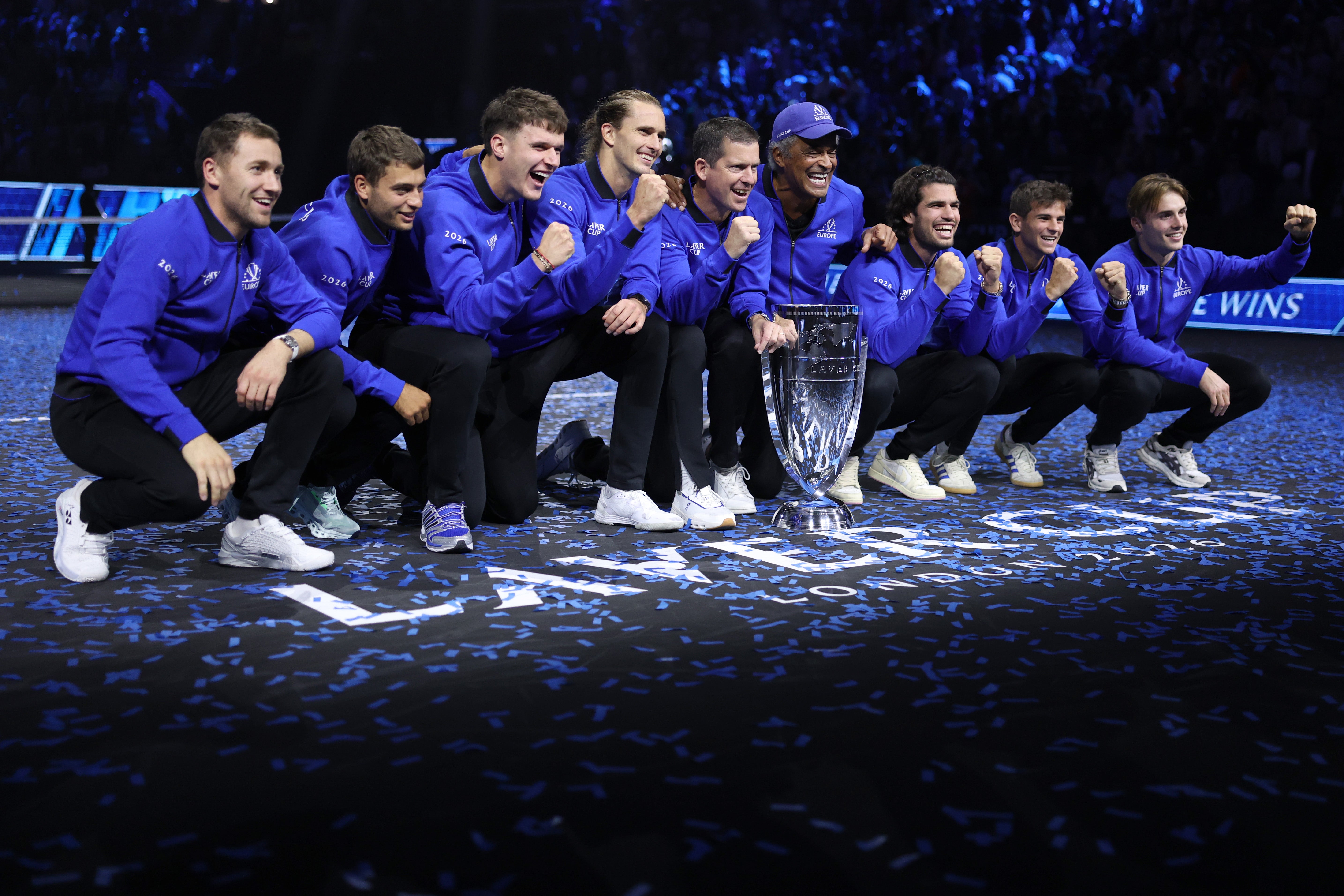Team Europe celebrate with the Laver Cup trophy