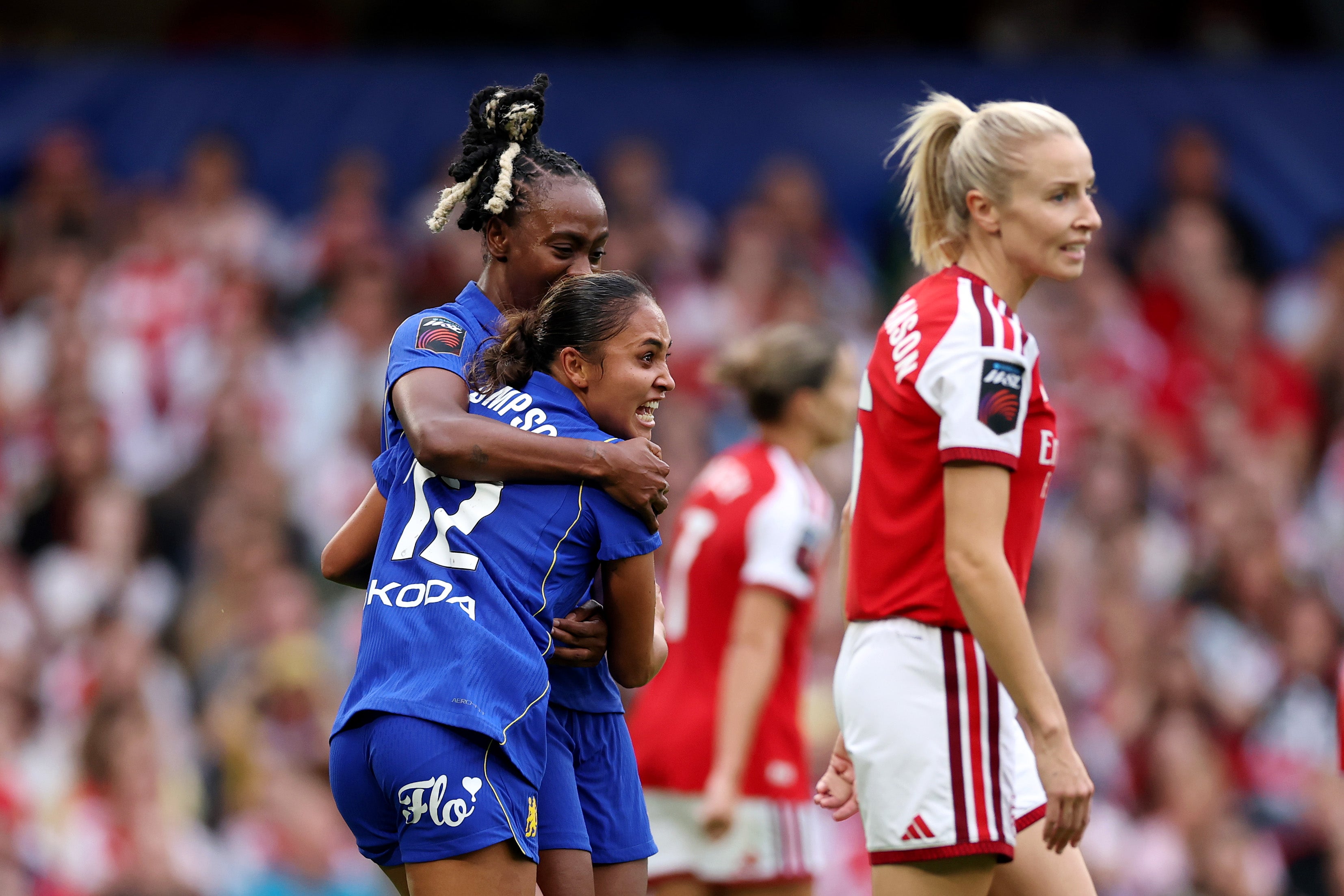 Alyssa Thompson of Chelsea celebrates scoring her team’s first goal with teammate Melvine Malard (Getty)