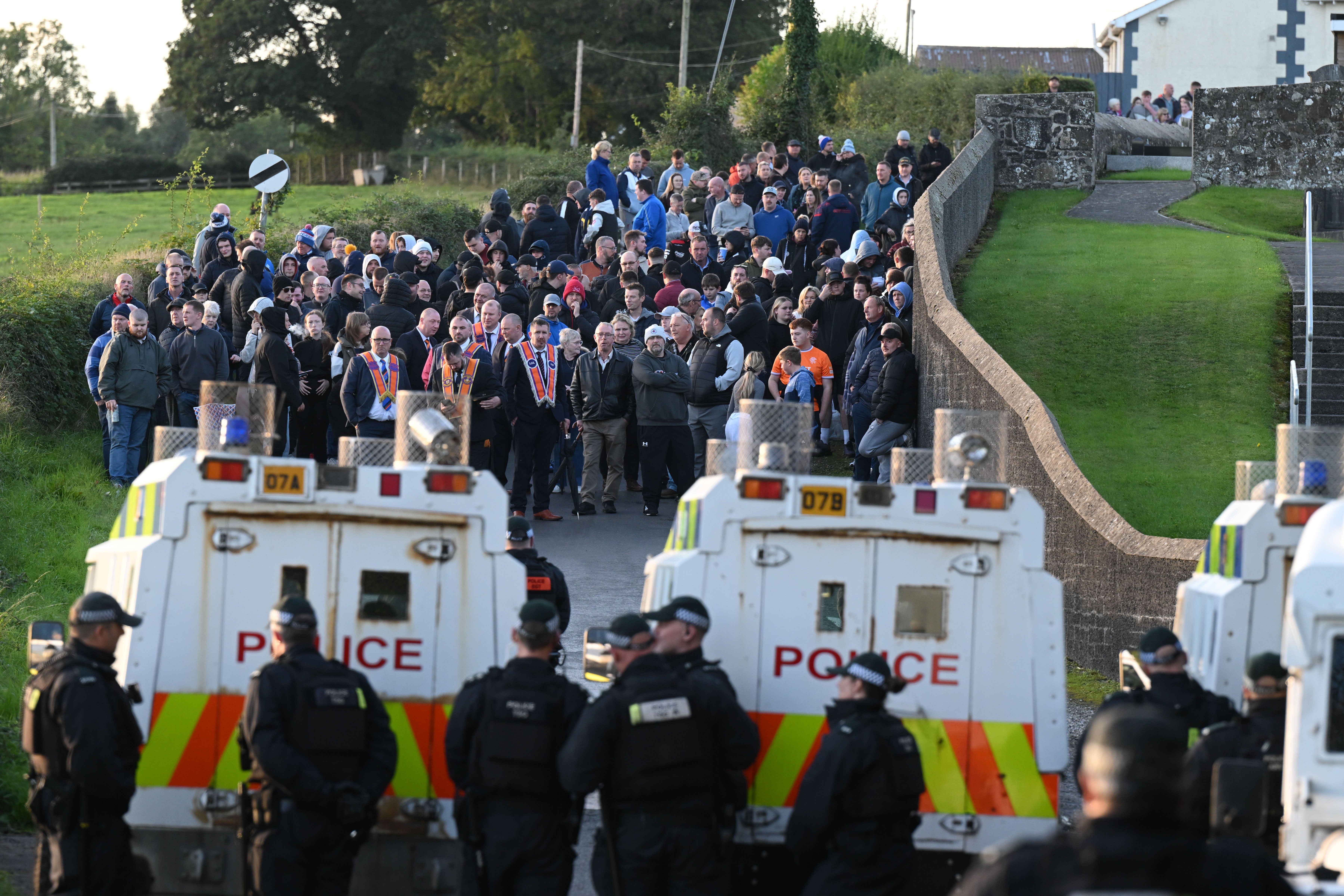 Orangemen and supporters being blocked by police at Drumcree church on September 27, 2026 in Portadown, Northern Ireland
