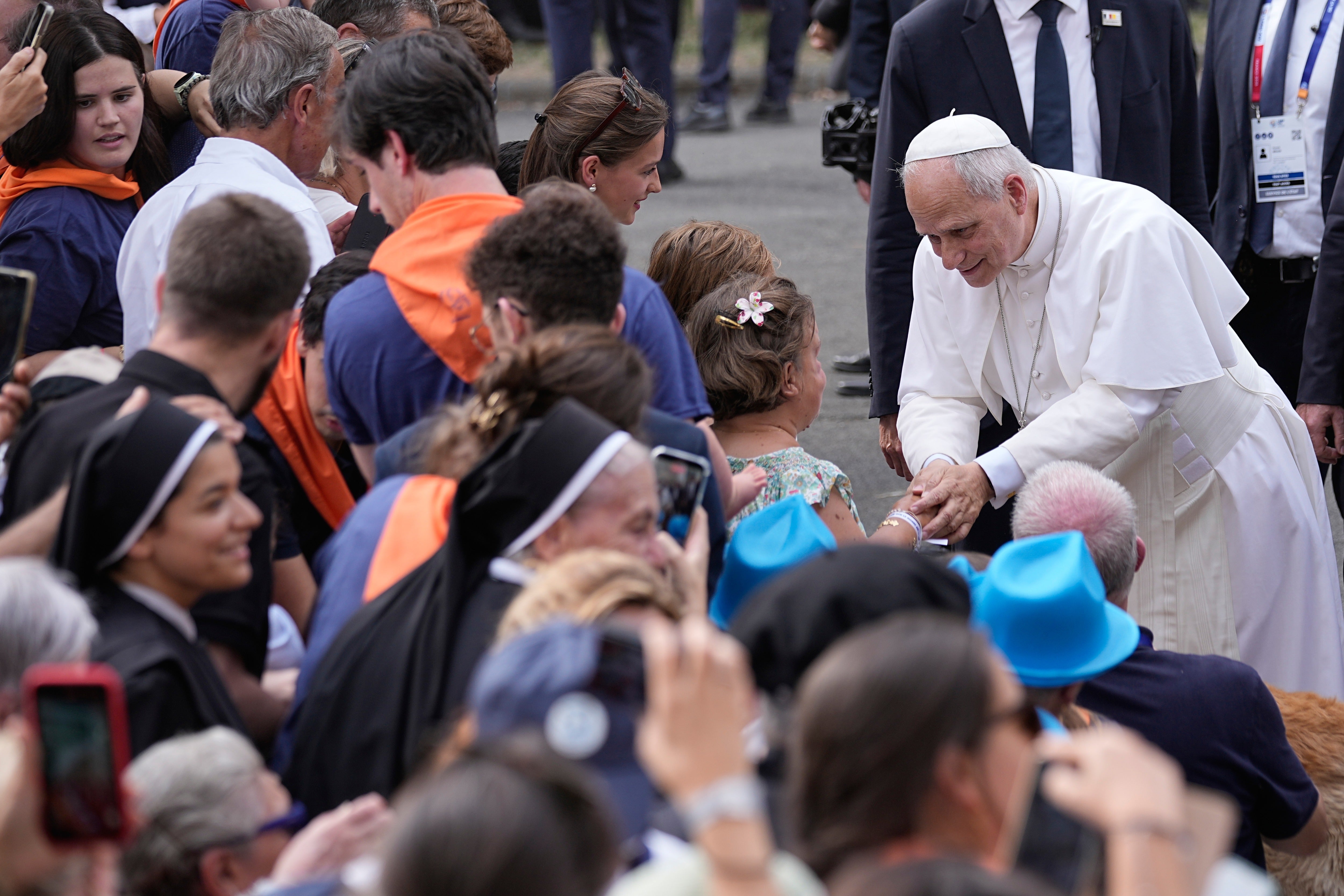 Pope Leo XIV meets with staff and guests of Accueil Notre-Dame and sick people at the Sanctuary of Our Lady of Lourdes, France, Sunday, Sept. 27, 2026 (AP Photo/Laurent Cipriani)