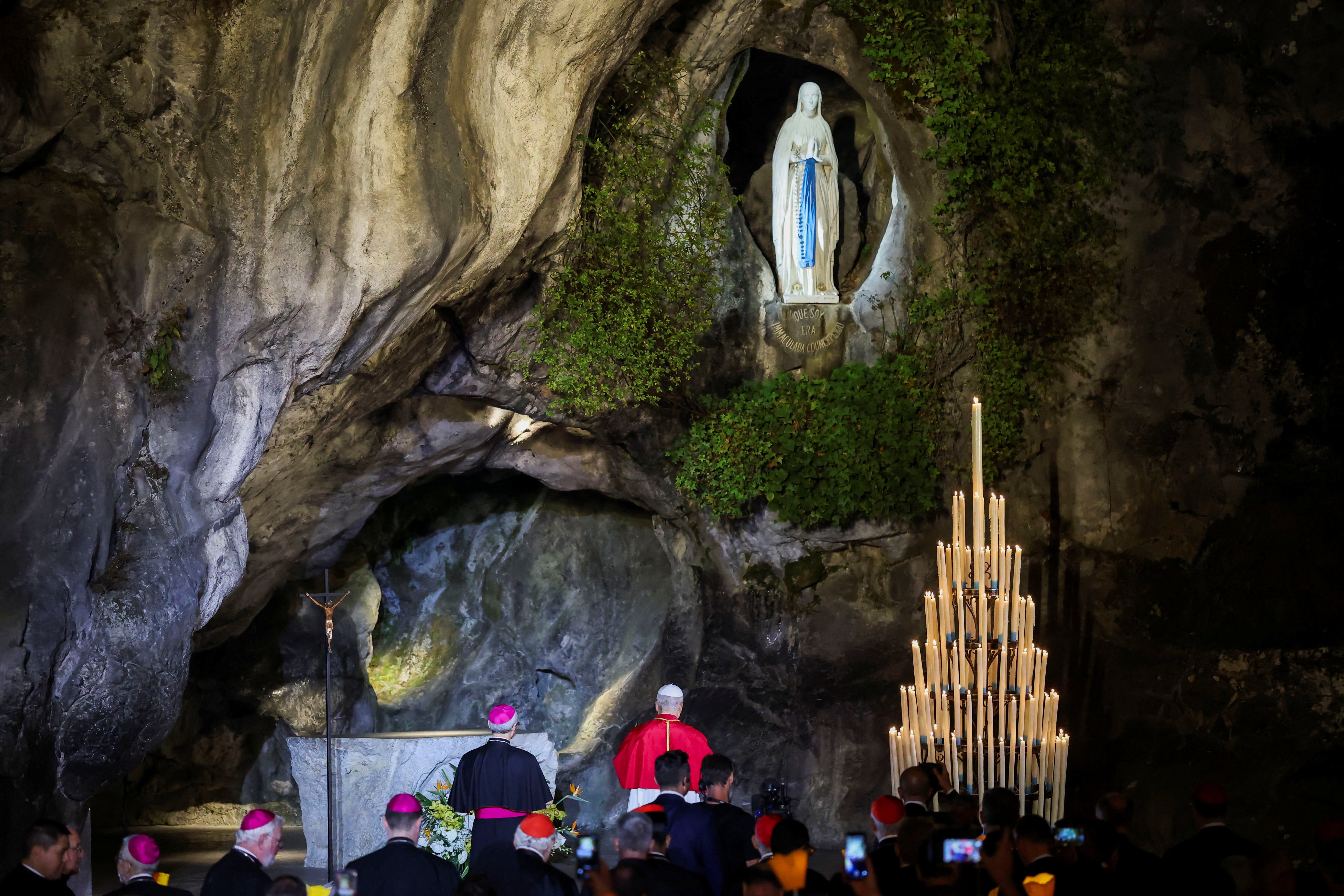 Pope Leo leads the prayer of the Holy Rosary on the day of a candlelight procession, at the Grotto of the Apparitions, also known as the Grotto of Massabielle, at the Sanctuary of Our Lady of Lourdes during his four-day apostolic journey to France, in Lourdes, France, September 27, 2026 (Reuters)