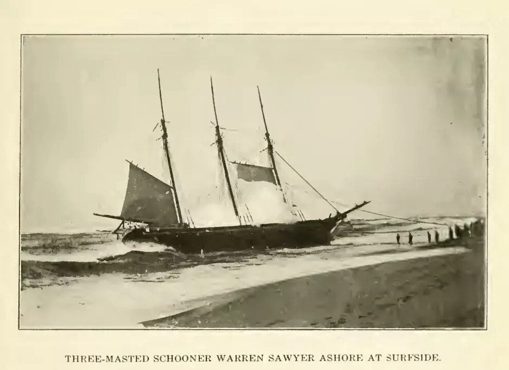 En route to Boston from New Orleans with a cargo of cotton and scrap iron, the Warren Sawyer was blown off course by gale-force winds before running aground on Nantucket around 11 p.m. on in December 1884, according to the Nantucket Current