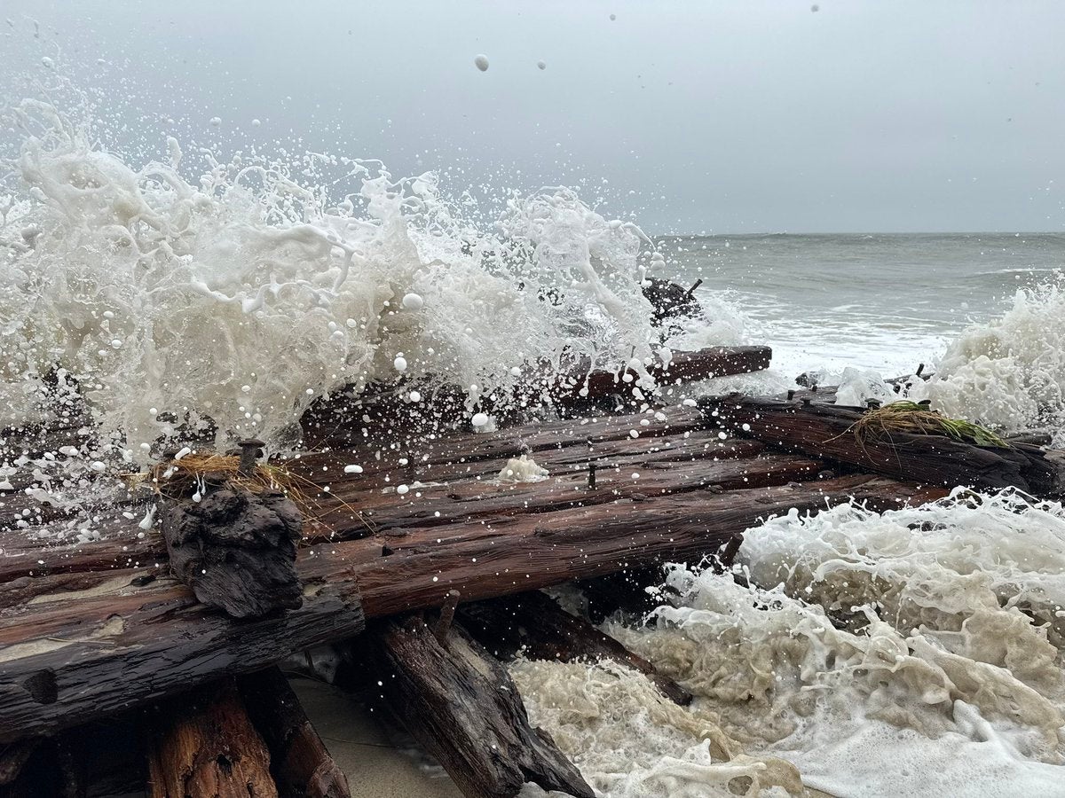 Jason Graziadei, editor-in-chief of the Nantucket Current , recorded video of the wooden beams and iron fastenings on Saturday