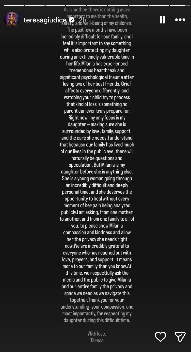 Teresa Giudice released a statement after new bodycam footage was released from her daughter Milania's incident at Tampa International Airport (Teresa Giudice/Instagram)