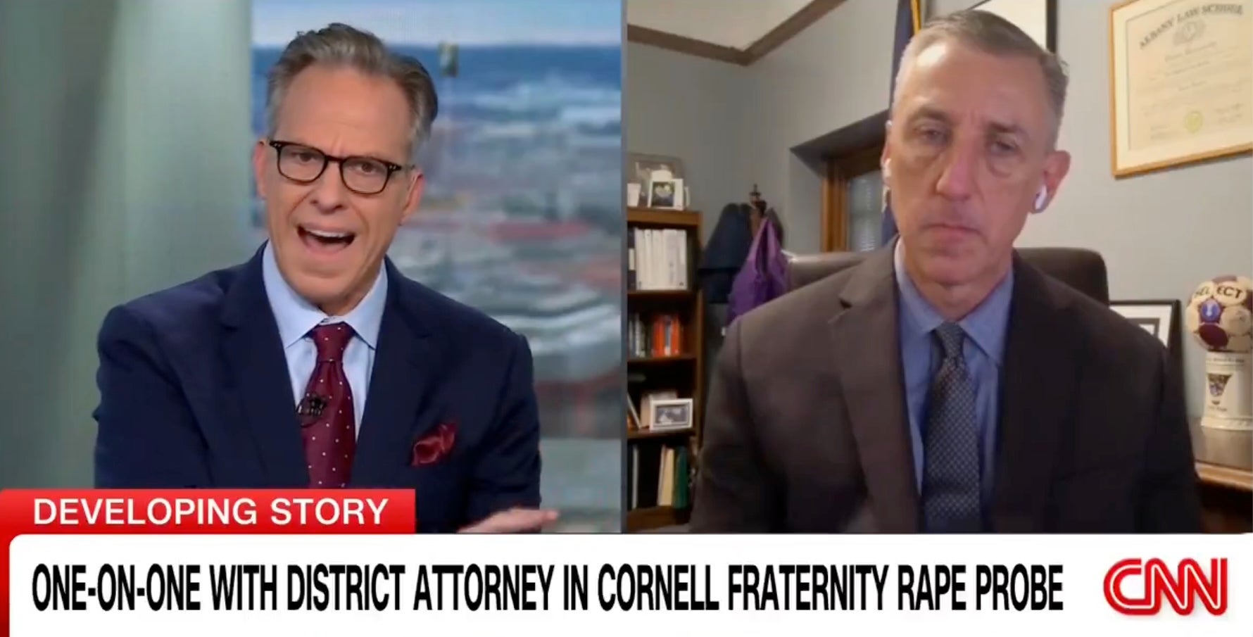 CNN host Jake Tapper has ripped into Tompkins County District Attorney Matthew Van Houten over his handling of a case involving a former Cornell University student who was allegedly raped by seven men at a frat house