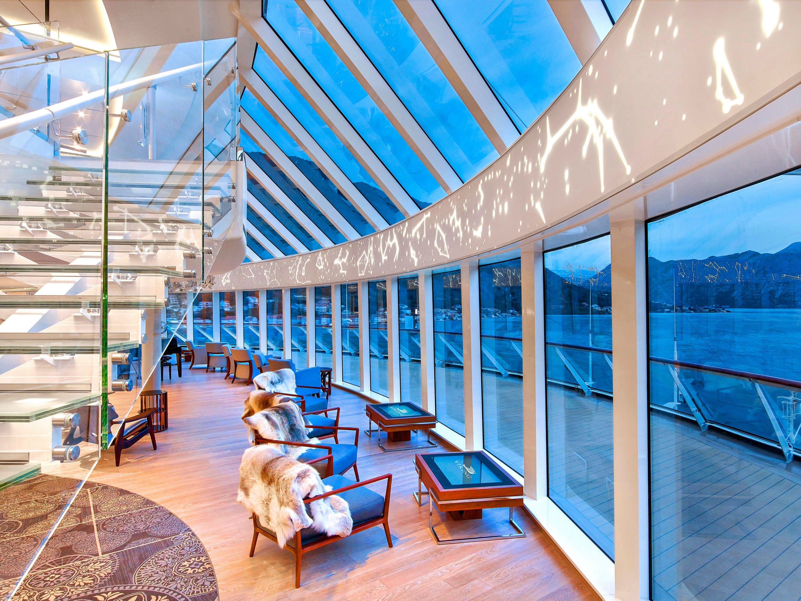 Explorers Lounge on board Viking Neptune in the Norwegian fjords