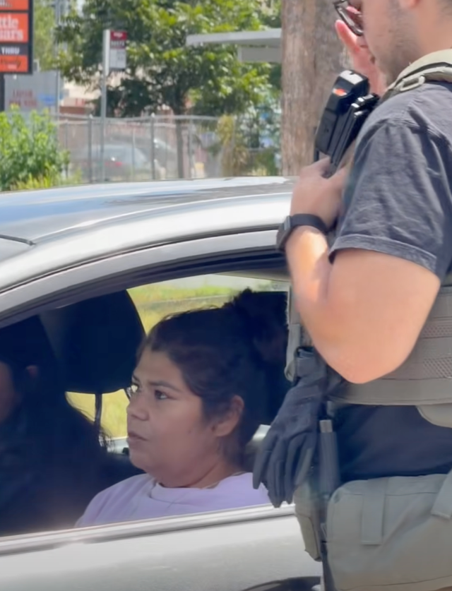 Ramirez, pictured during the encounter with ICE, which was recorded by a bystander, said she was stunned when the agents asked her children whether they were in the country illegally, and claimed they told her to ‘shut up’ when she intervened