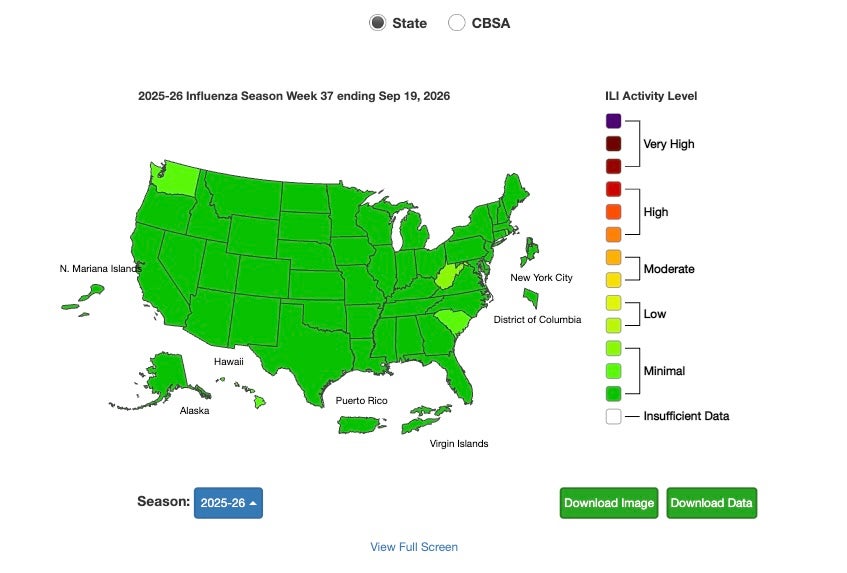 A Centers for Disease Control and Prevention map shows flu levels across the U.S. this month. The green indicates where levels are minimal, with higher levels shown in lighter green