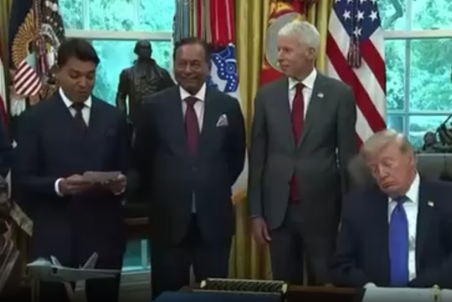 President Donald Trump appears to fall asleep during an Oval Office to announce the construction of a new steel plant in Iowa