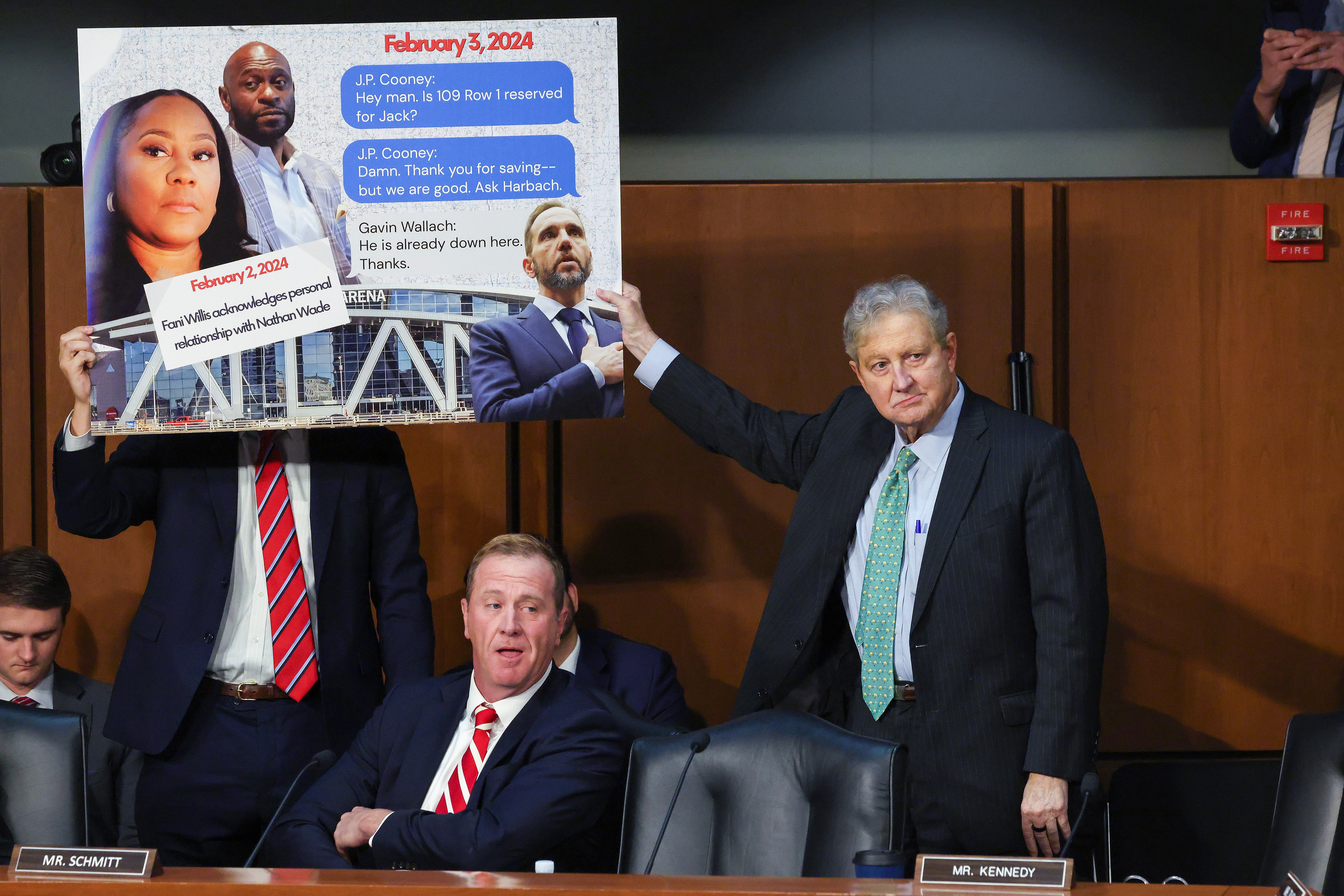 Republican Sen Eric Schmitt (left) tried to elevate a conspiracy theory against Jack Smith that immediately blew up in his face during a Senate Judiciary Committee hearing on September 29 (Getty)