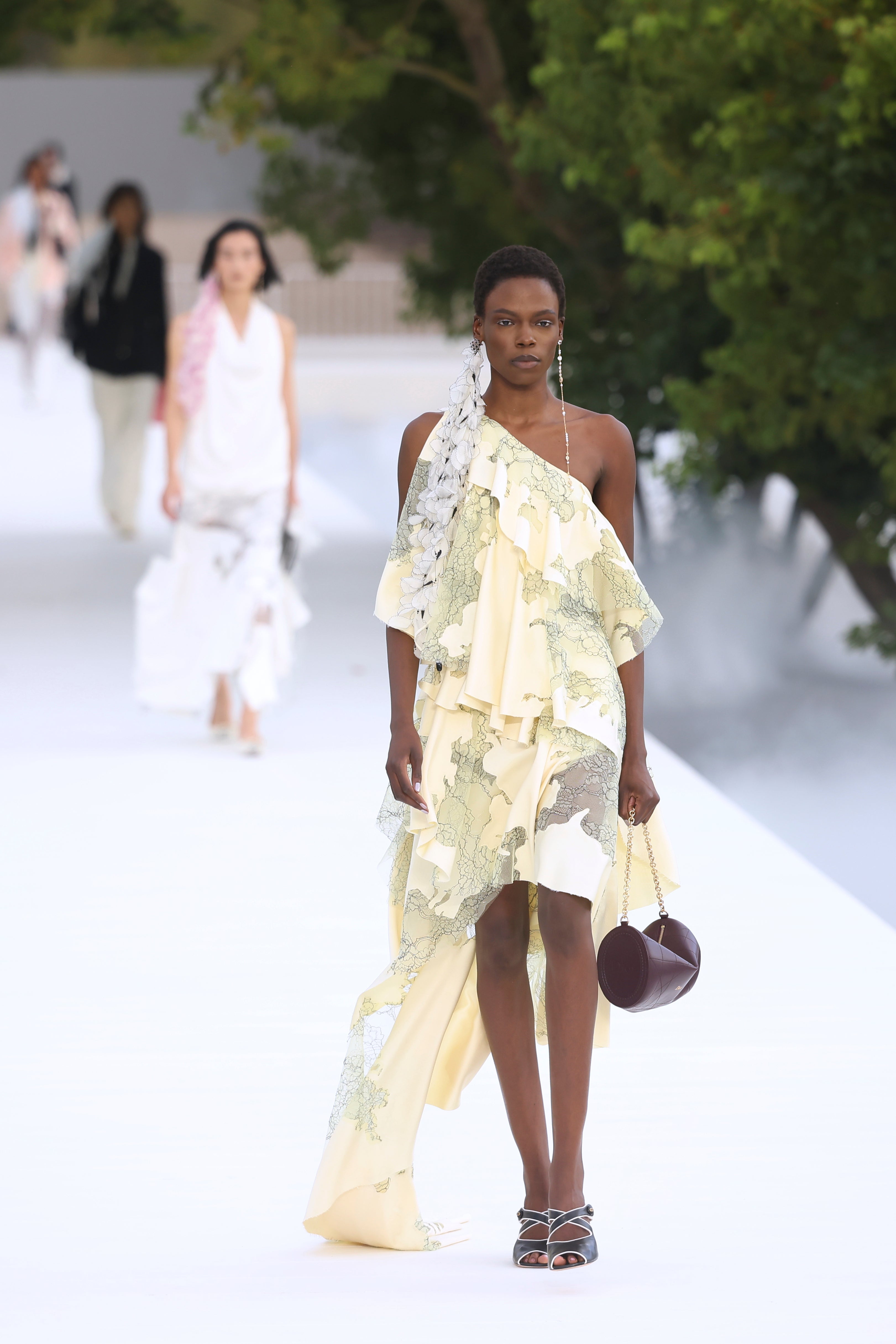 Asymmetric hems, ruffles and sprawling florals interrupted by seams dominated the collection (Thomas Padilla/AP) (AP)