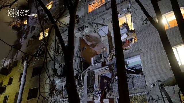 Damage at an apartment building hit by a Russian glide bomb, amid Russia's attack on Ukraine, at a location given as Sumy, Ukraine in this still image from video released 19 September 2026