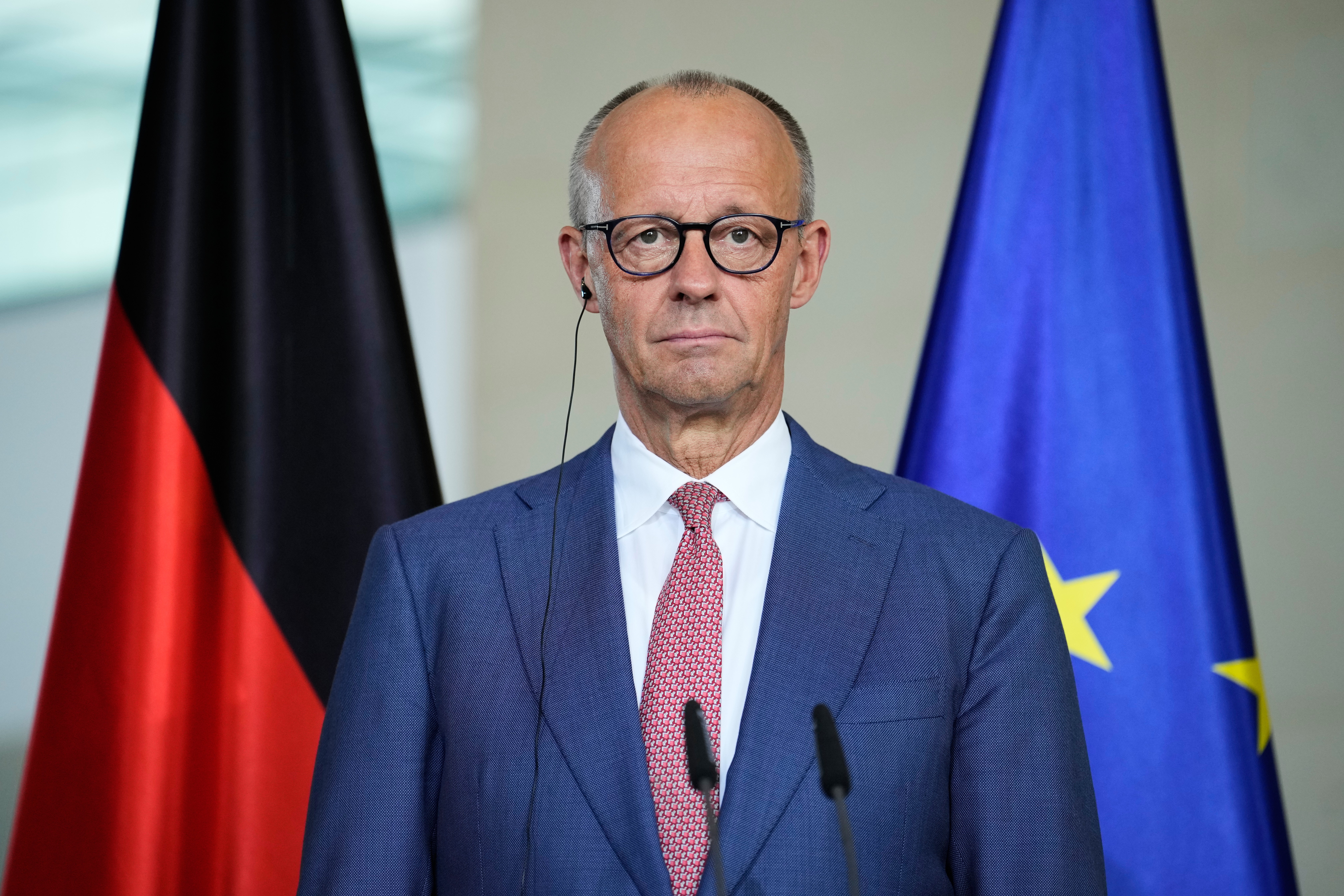 German chancellor Friedrich Merz attends a joint press conference with Kazakhstan's President Kassym-Jomart Tokayev (AP)