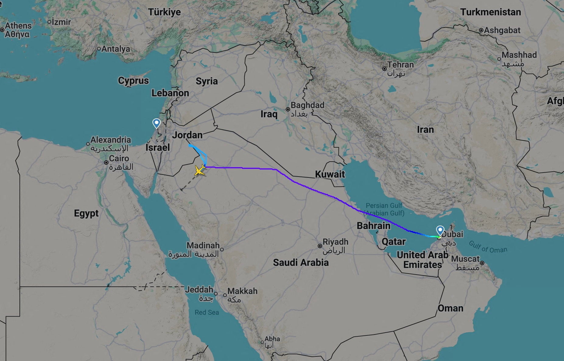 A screengrab taken from Flightradar24 shows a flydubai flight to Israel which was diverted to Saudi Arabia September 30, 2026