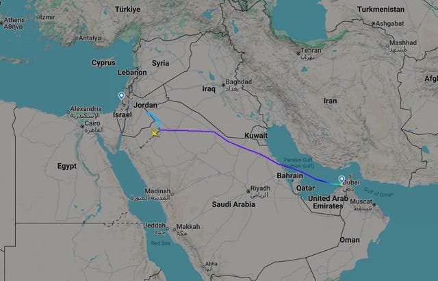 This Flightradar24 map shows a flydubai flight to Israel which was diverted to Saudi Arabia