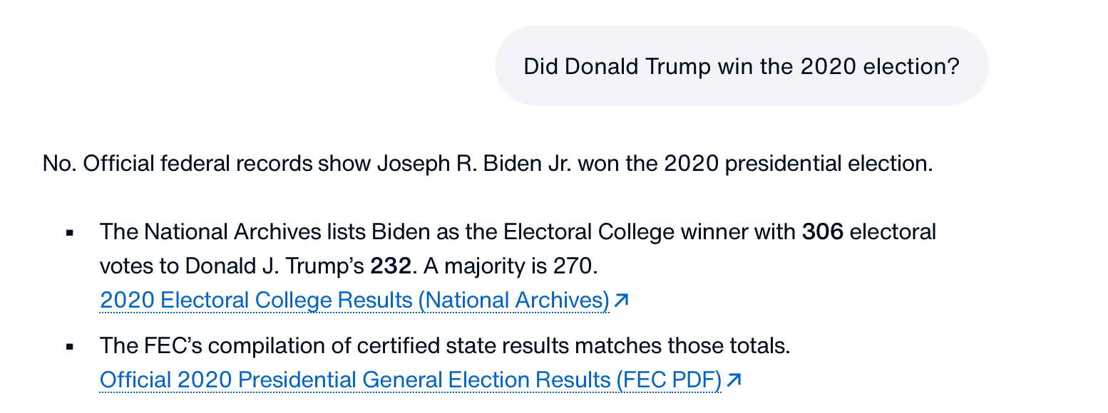 Trump's AI chat bot answers that Joe Biden won the 2020 presidential election, contradicting the Republican's long-standing insistence to the contrary