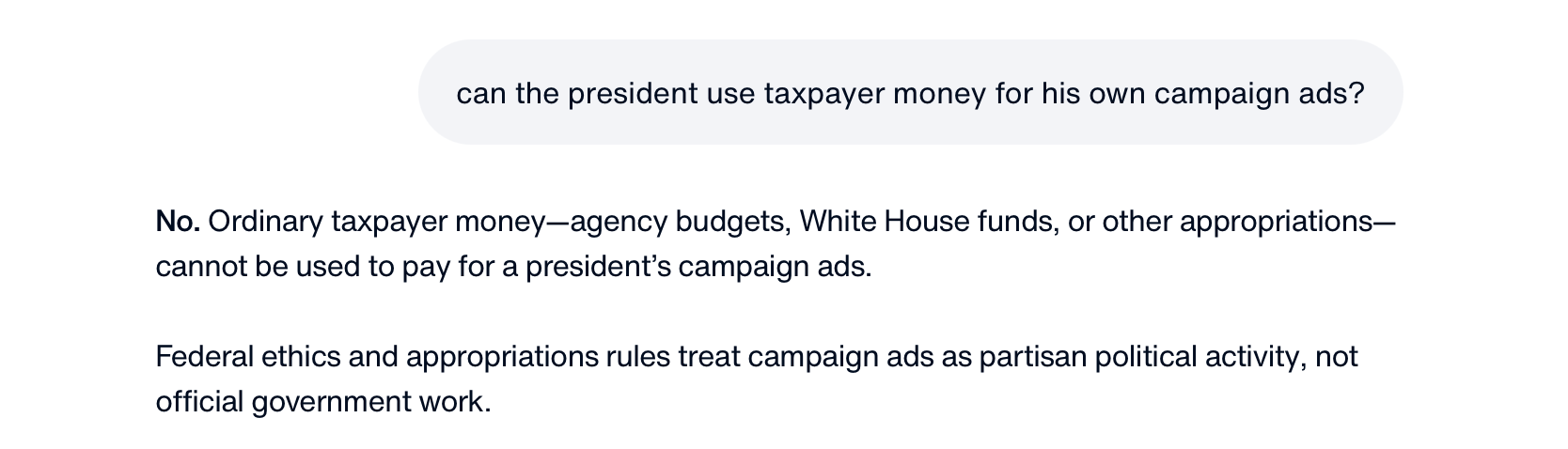The prompt answers that the president has no right to spend taxpayer dollars on campaign ads, stating that doing so would amount to partisan political activity, not official government work