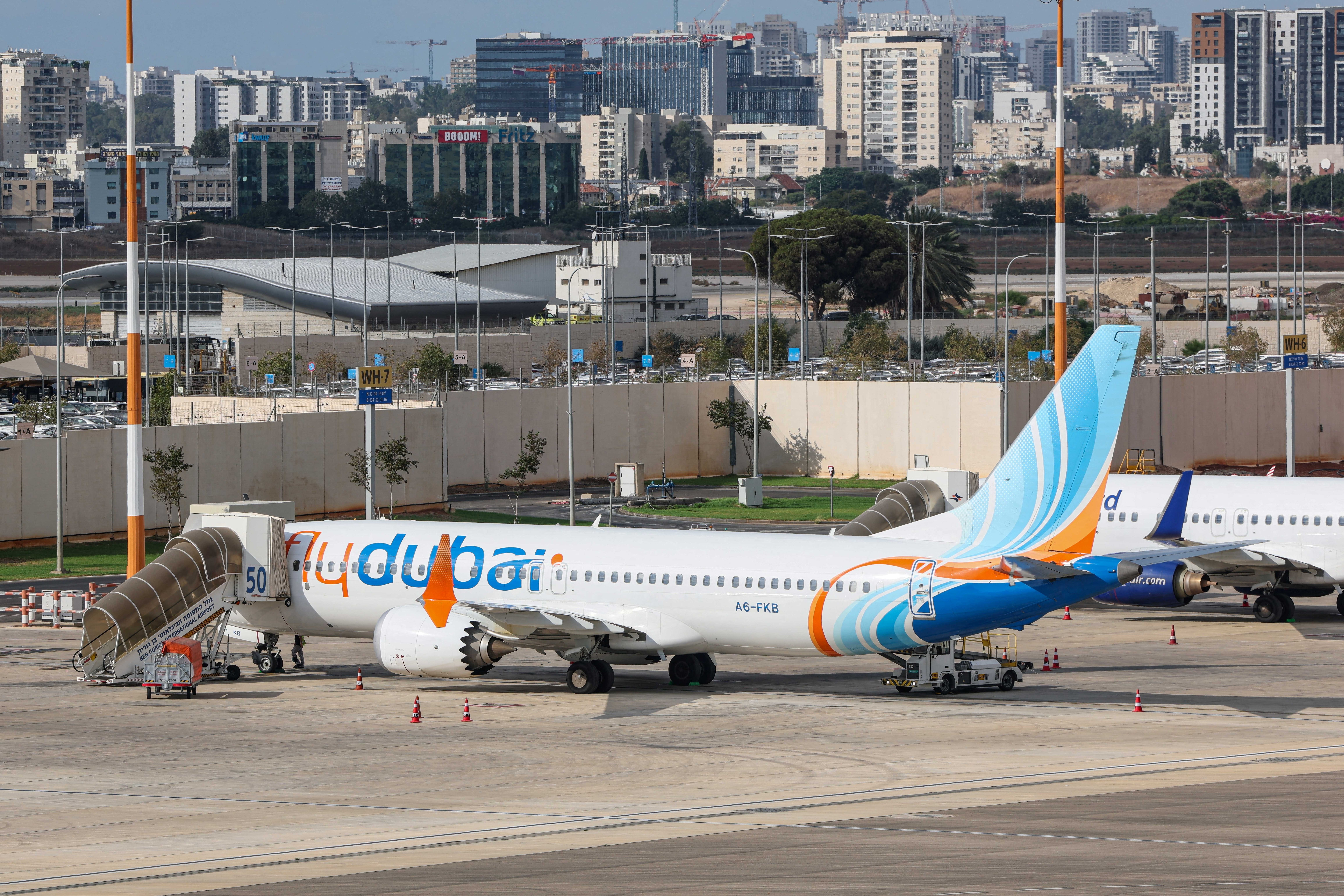 A FlyDubai flight bound for Dubai is seen before taking off from Ben Gurion Airport near Tel Aviv on September 30
