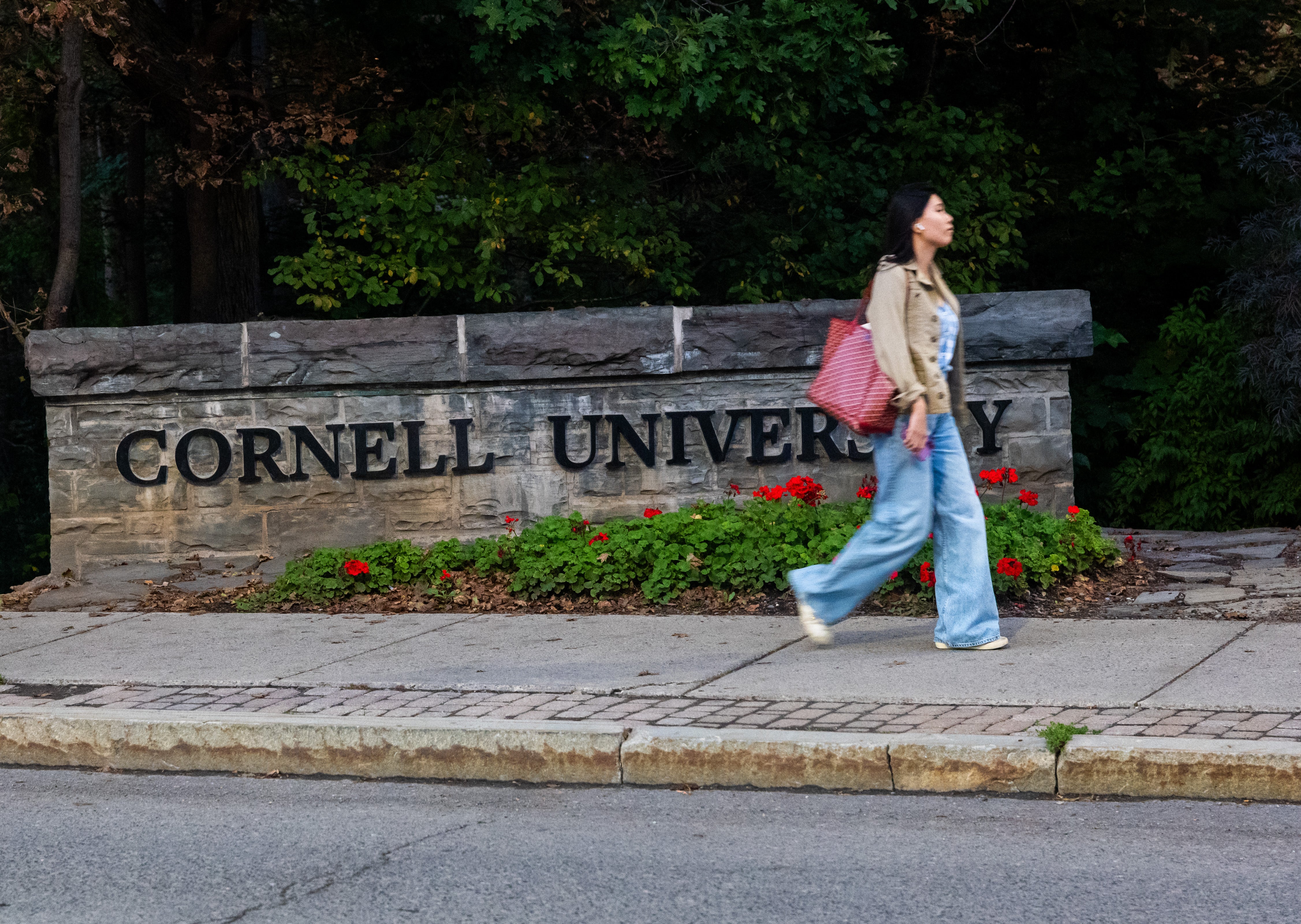 A student walks on the campus of Cornell University in Ithaca, New York, where a former student has alleged that she was gang-raped at a campus fraternity in 2024