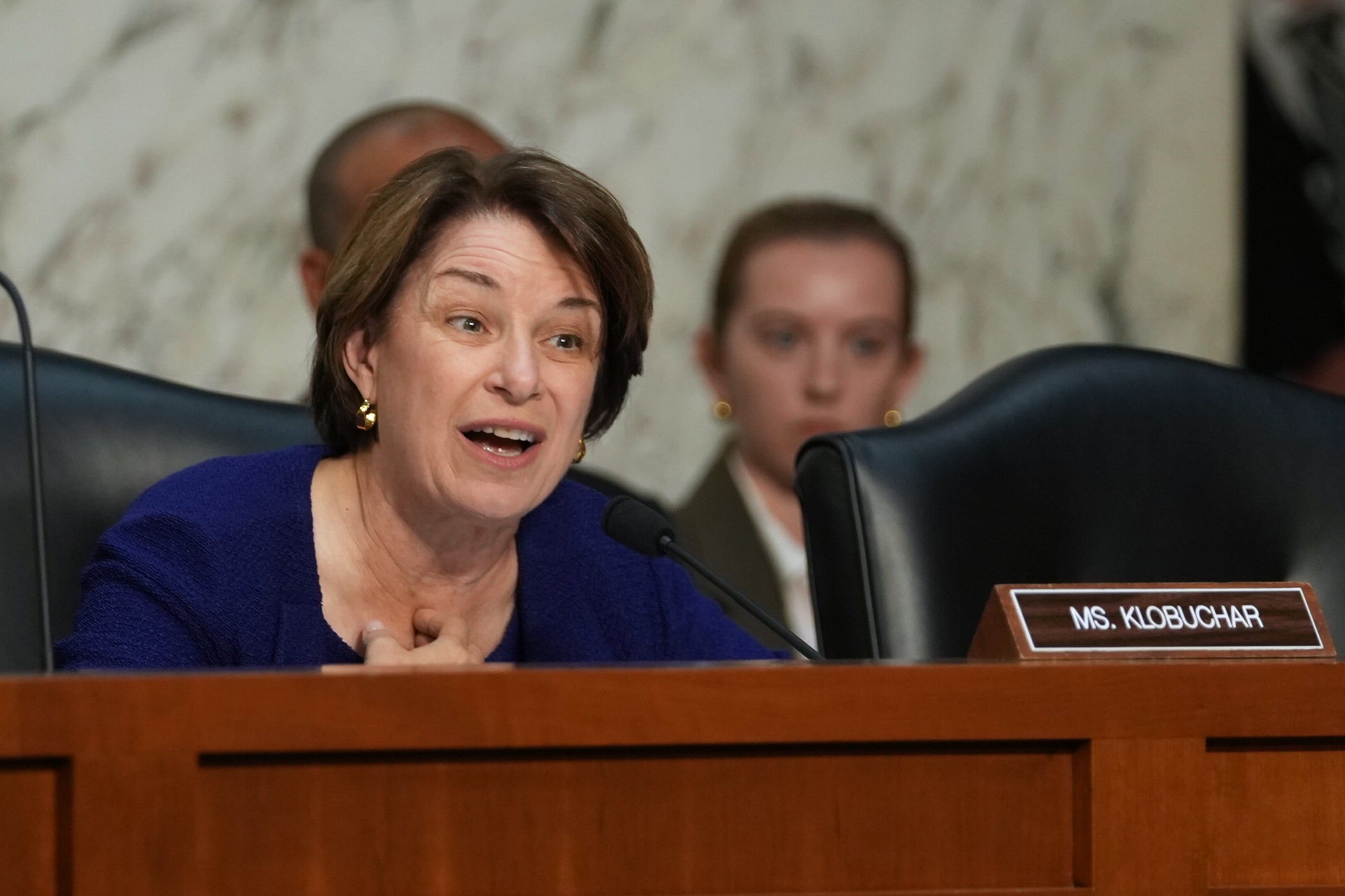 Sen. Amy Klobuchar, D-Minn., speaks as former Justice Department special counsel Jack Smith testifies before the Senate Judiciary Committee at the Capitol, Tuesday, Sept. 29, 2026, in Washington. (AP Photo/Allison Robbert)