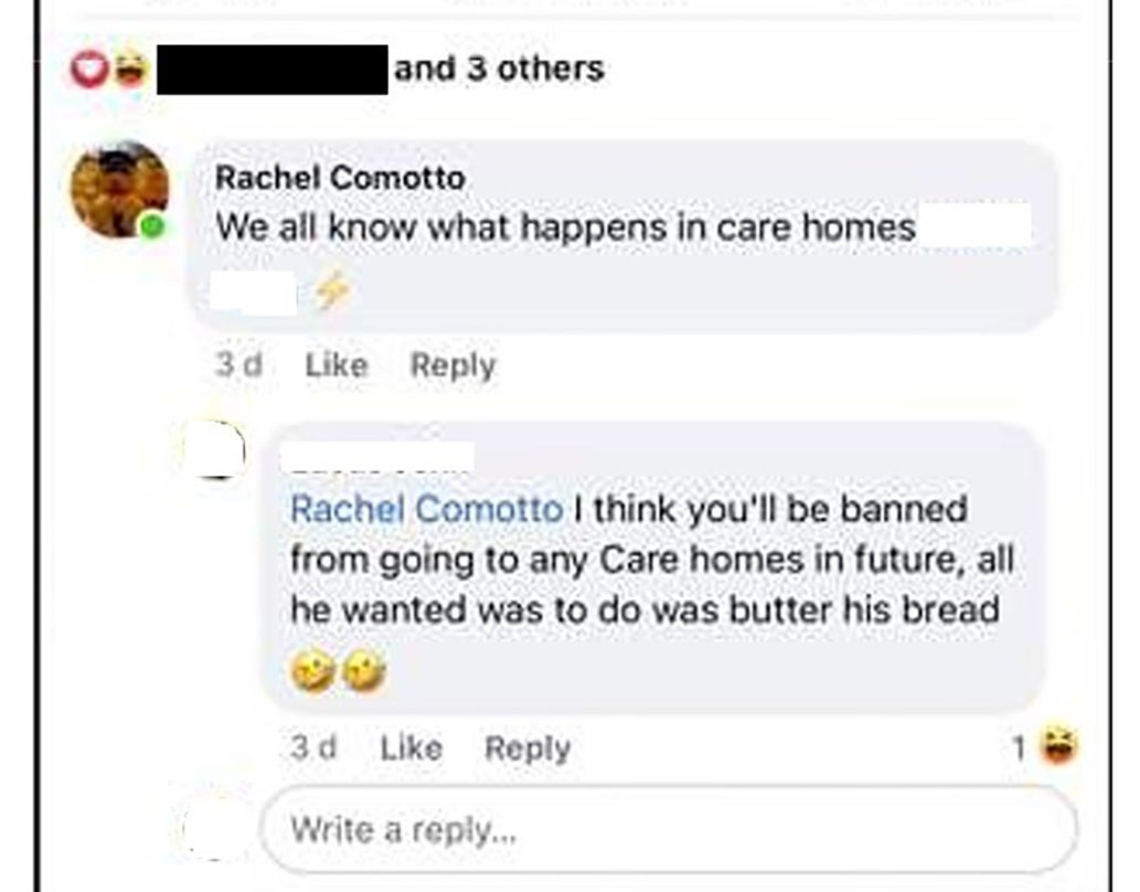 Rachel Comotto, who tasered a 92-year-old wheelchair user in a care home, has admitted "it doesn't look good" that she made a joke over it on Facebook hours later, a misconduct hearing has heard