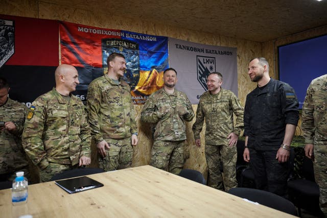 Service members near the conflict's front line in Donetsk