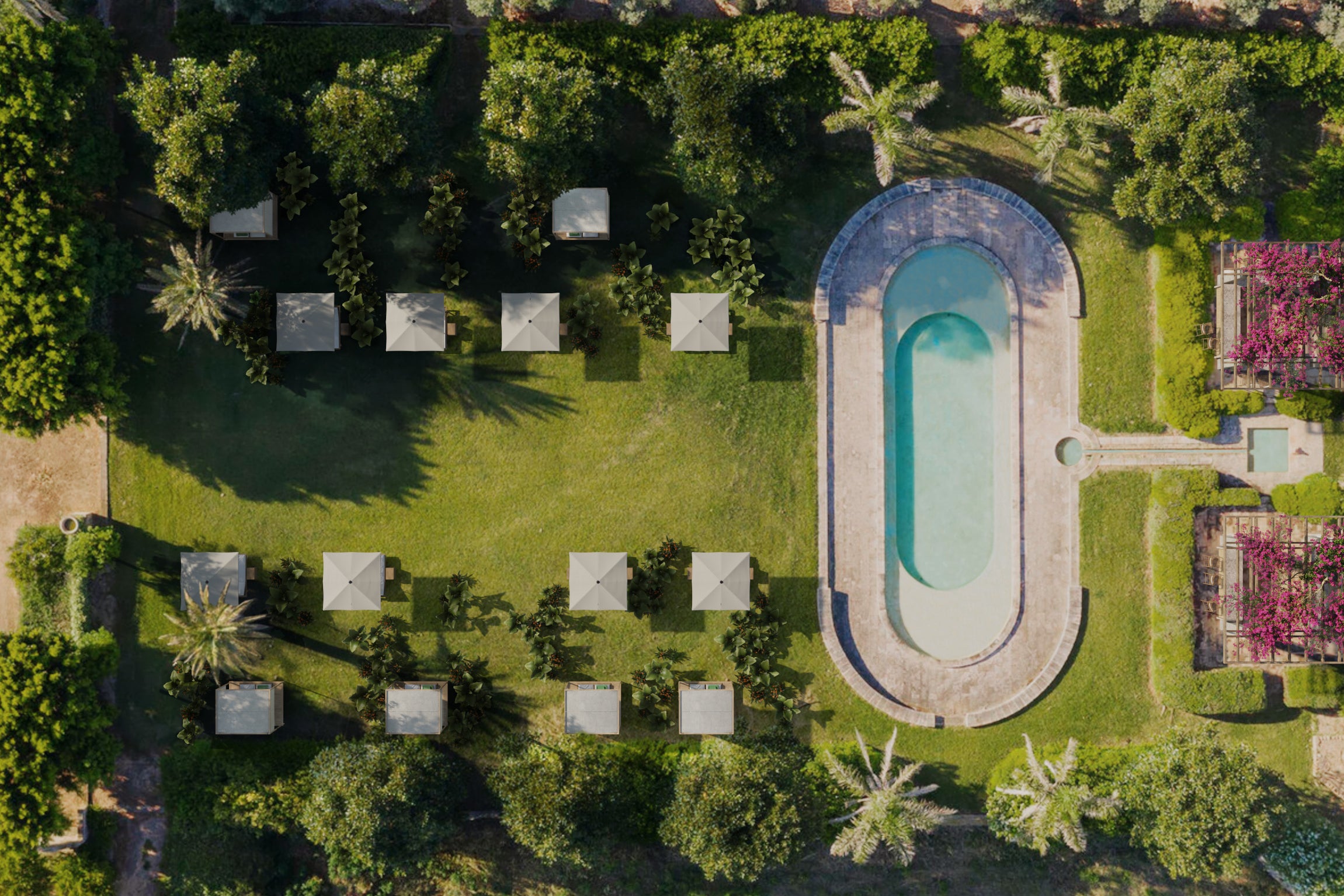 The garden pool at Vestige Son Vell in Menorca with lush plantings (Vestige Son Vell)