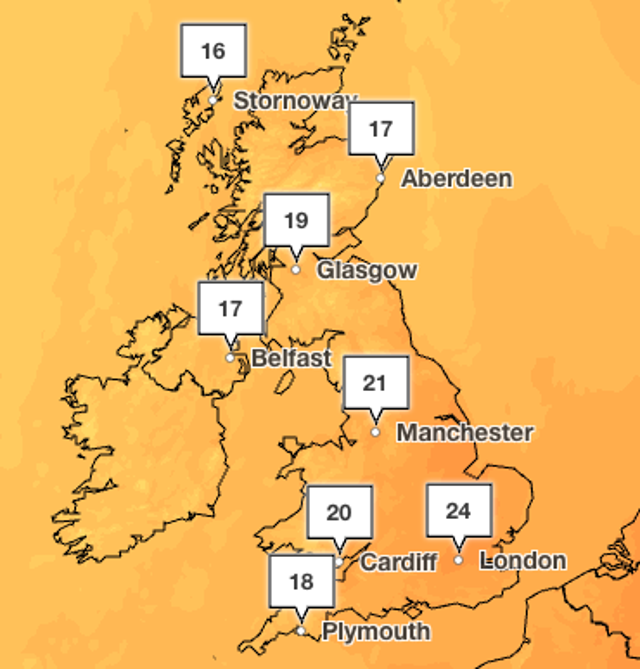 Temperatures forecast to hit 24C in London on Wednesday