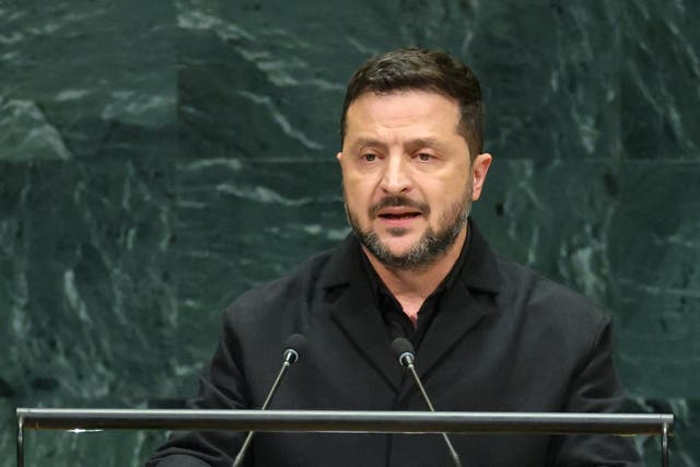Ukraine's president Volodymyr Zelensky speaks at the U.N. General Assembly in New York