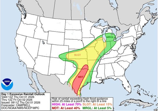 This map from the National Weather Service's Weather Prediction Center shows where the risks of excessive rainfall are the highest on Thursday and Friday
