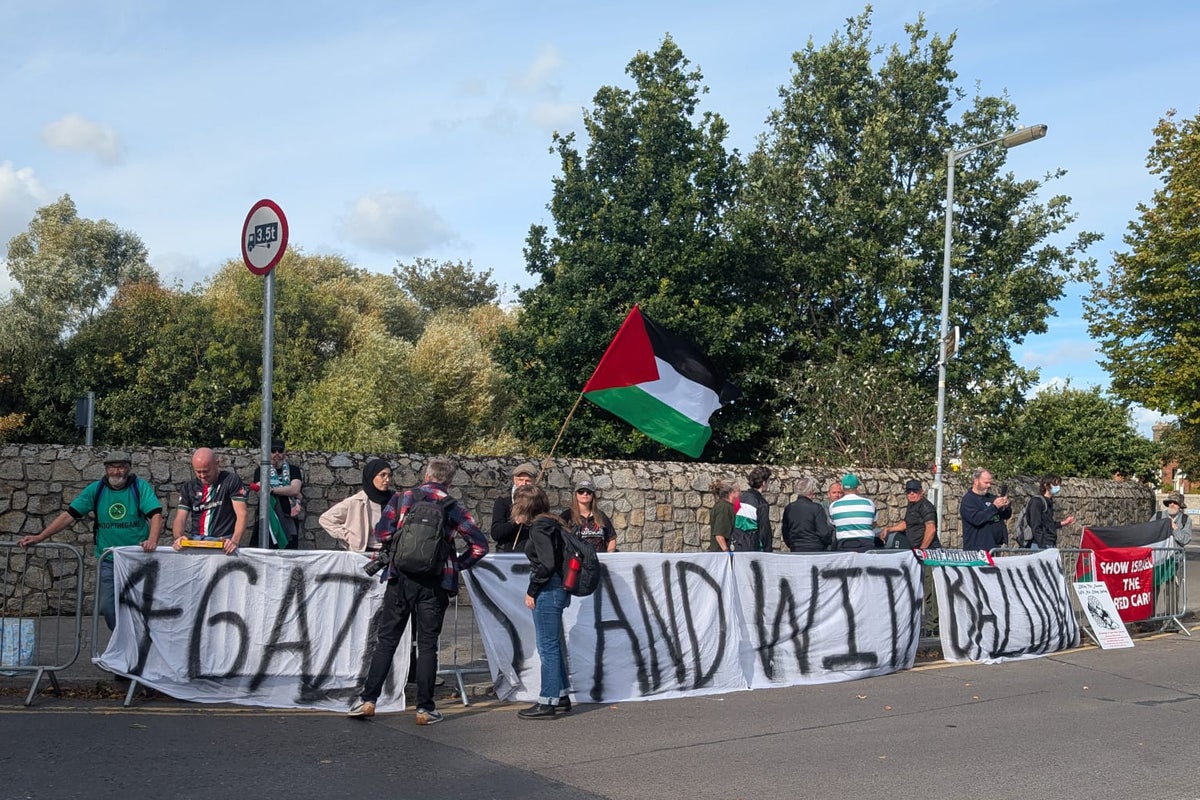 Pro-Palestine protesters in Dublin urge Ireland to boycott Israel game; Emma Browne says "Palestinian kids have no pitches for playing in"