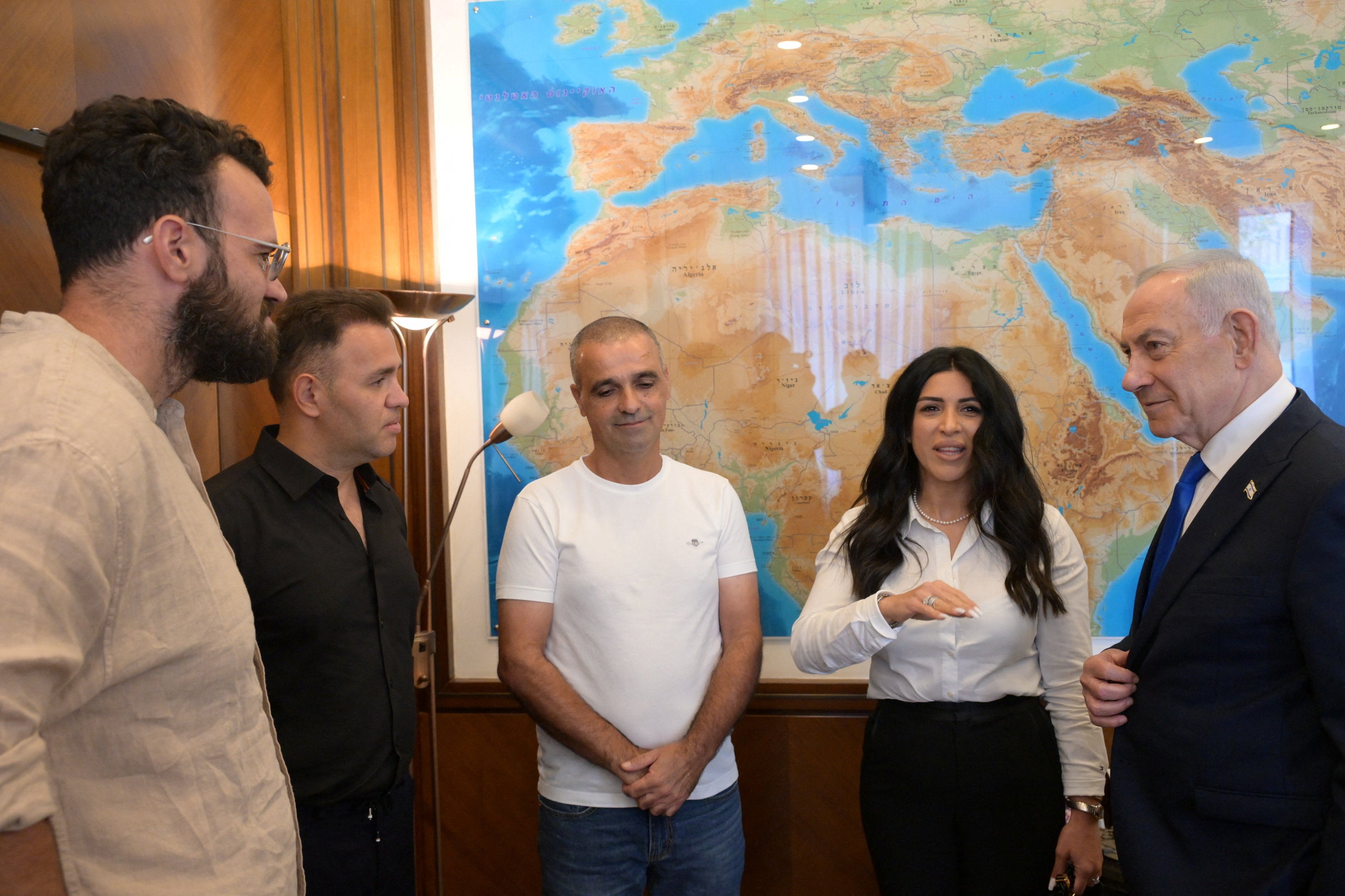 Israeli Prime Minister Benjamin Netanyahu meets with Yaniv Hayoun, Or Fradilov, Dr. Shota Musayev and his wife, Sigalit, who he described as "heroes," who intervened to prevent a disaster on a flydubai aircraft bound for Israel from the United Arab Emirates, which was diverted to Saudi Arabia following an emergency signal, in Jerusalem 1 October 2026