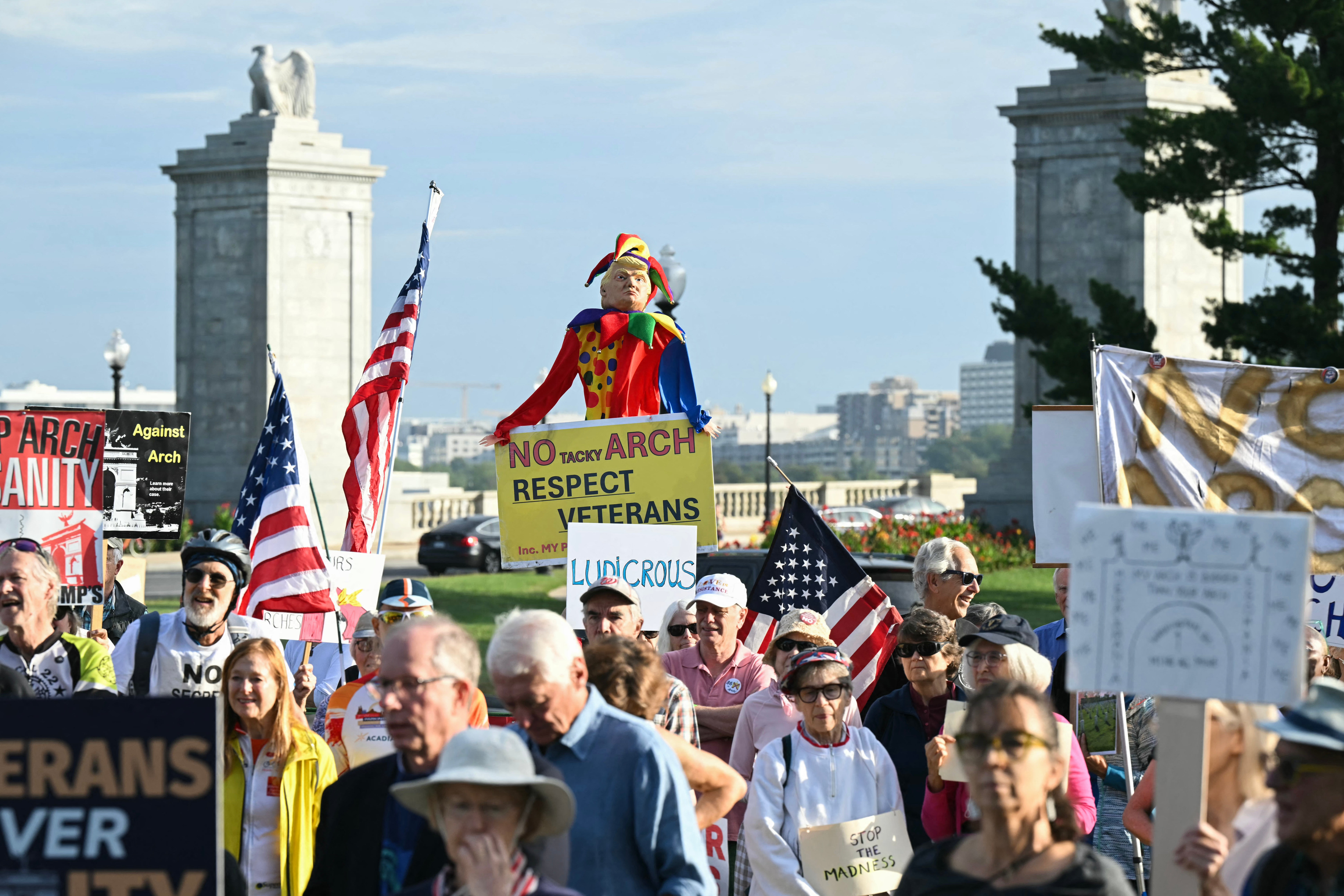 Trump has defended his Washington, DC-wide makeover, which now includes plans to turn his 250-foot ‘triumphal’ arch into a military installation, drawing protests at the site (AFP/Getty)