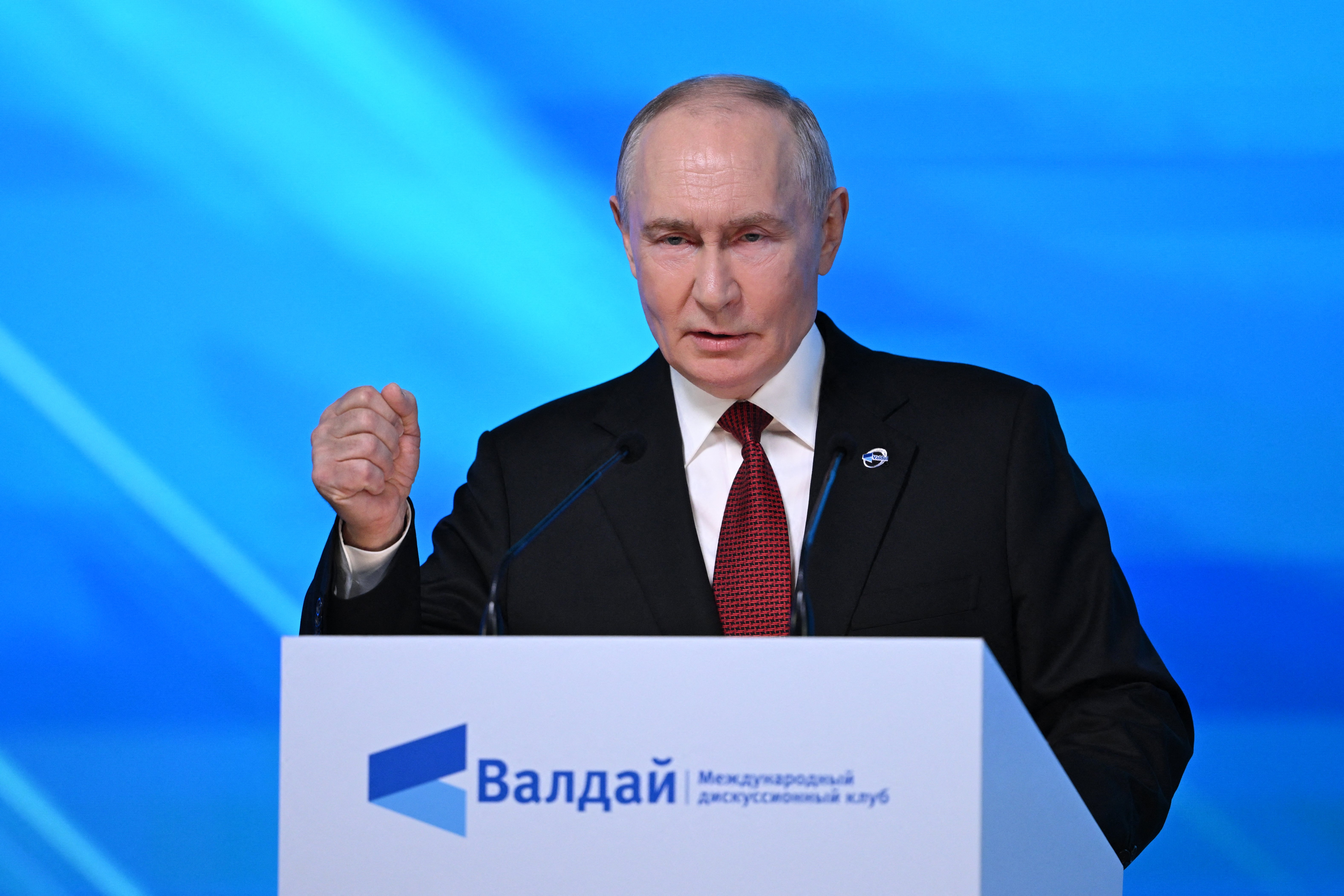 Russia's President Vladimir Putin gestures as he addresses the audience during the Valdai Discussion Club meeting in Moscow on October 1 (AFP/Getty)