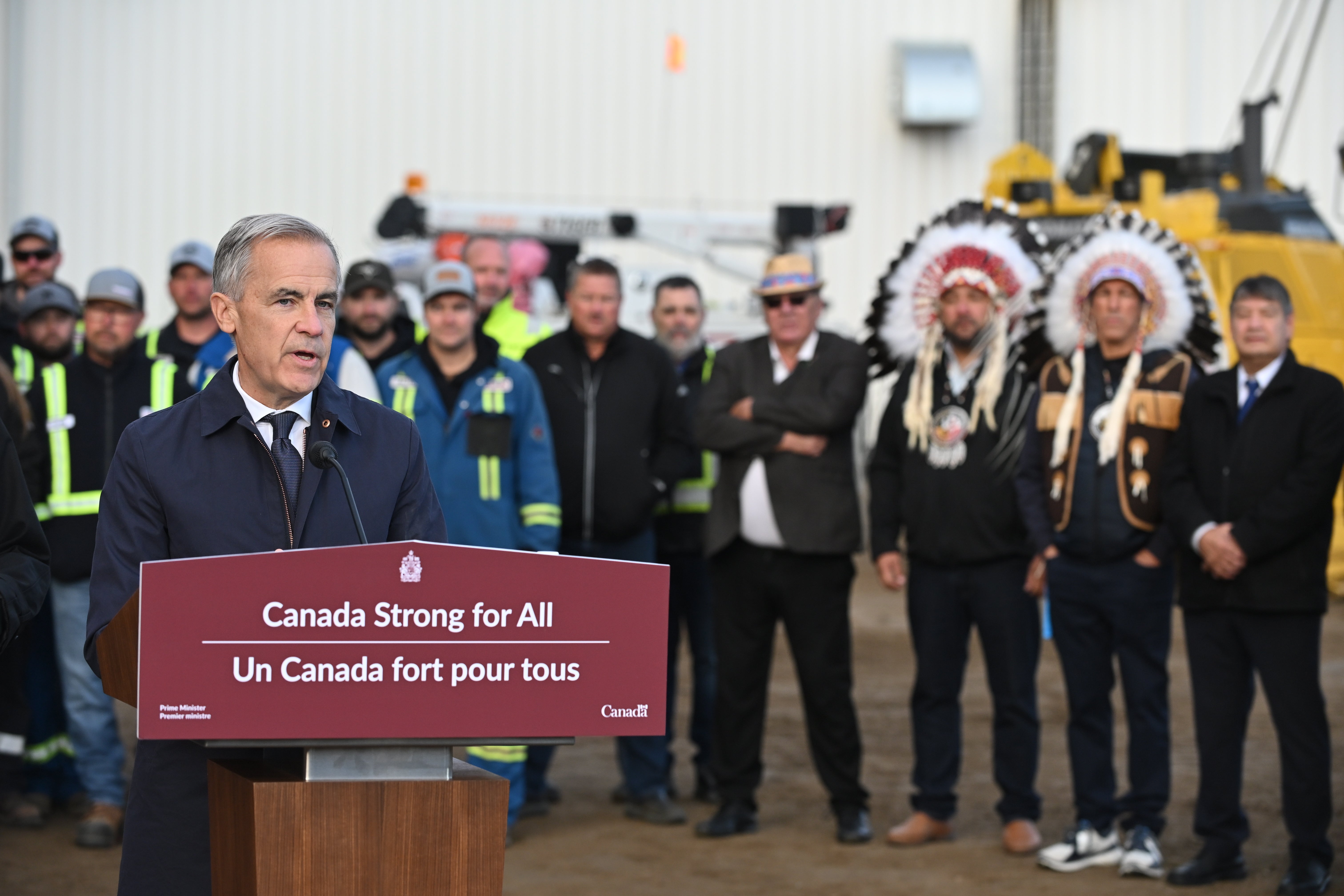 Prime Minister Mark Carney speaks during a news conference in Fort McMurray, Alberta, Canada, on Thursday, Oct. 1, 2026, regarding the Pacific Link pipeline project
