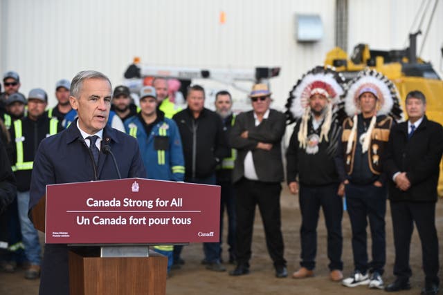 Prime Minister Mark Carney speaks during a news conference in Fort McMurray, Alberta, Canada, on Thursday, Oct. 1, 2026, regarding the Pacific Link pipeline project
