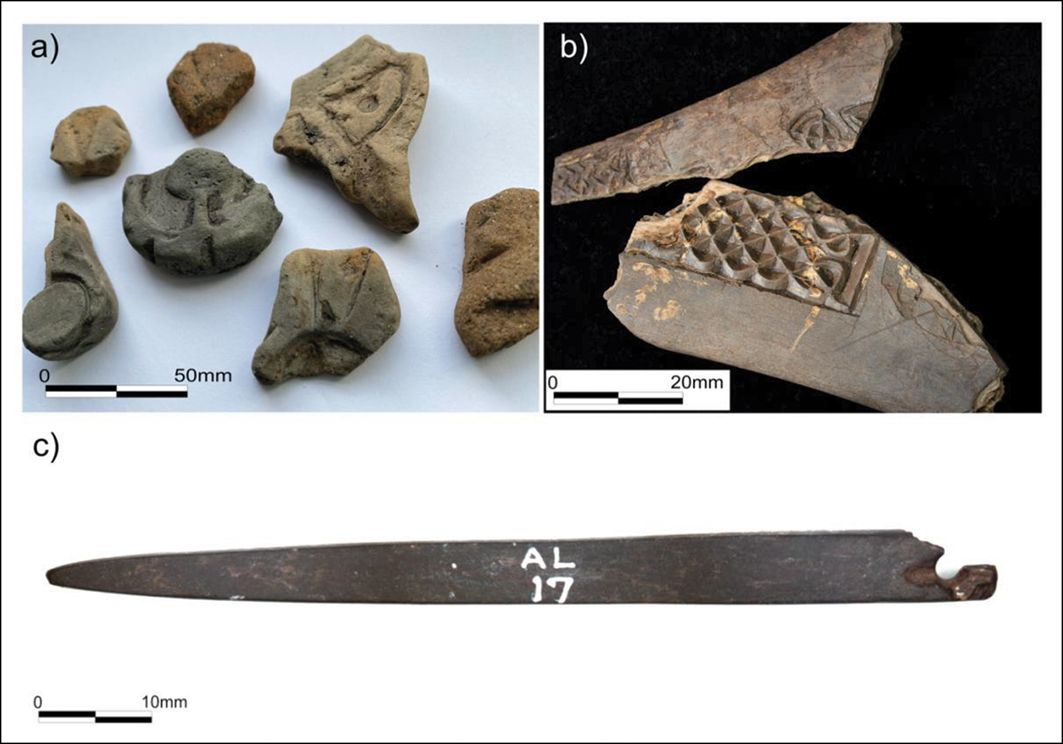 Brooch mould fragments; motif pieces with fine chip-carved designs; and early medieval touchstone for testing gold