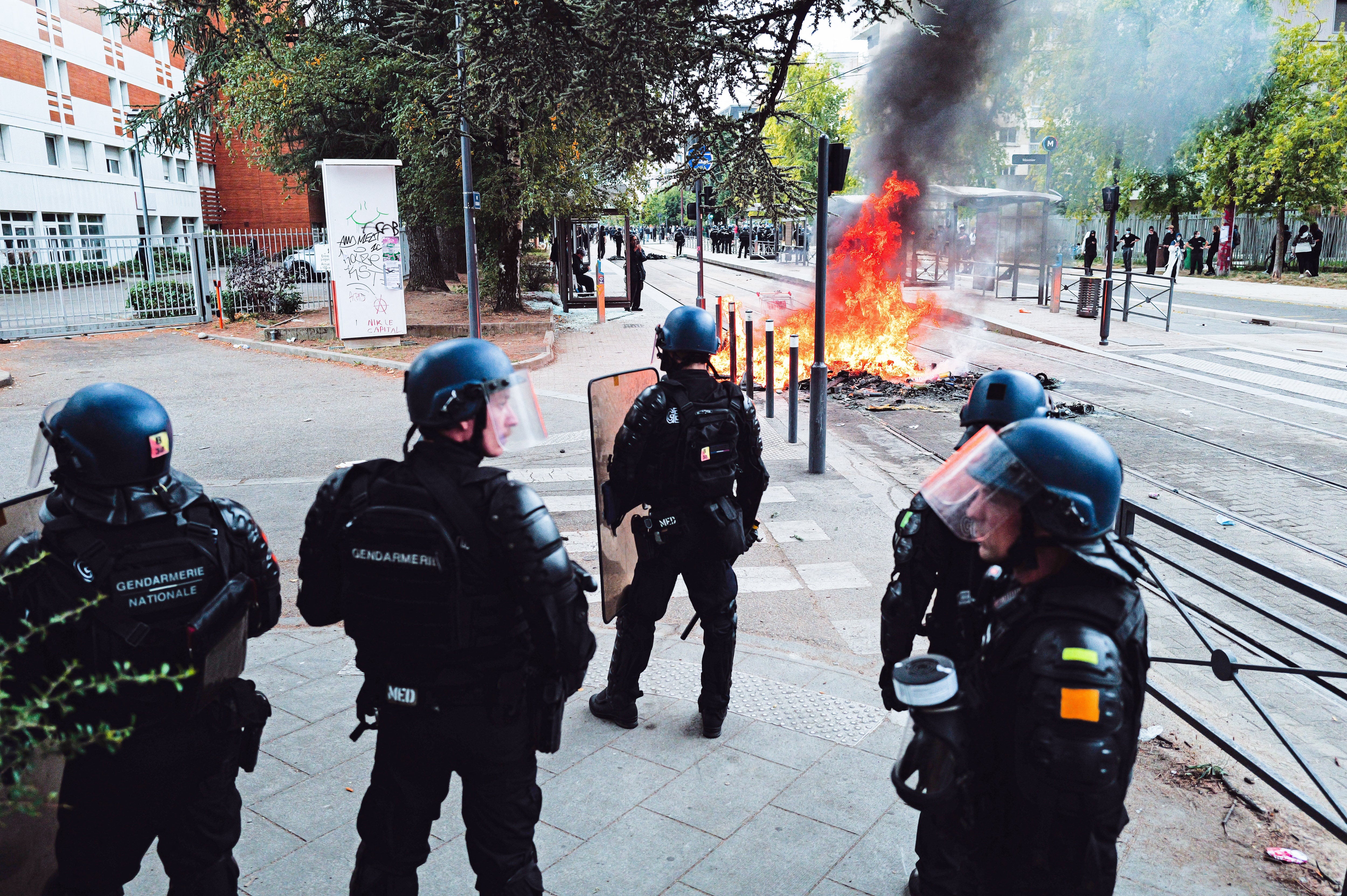 Police officers were deployed on Thursday 1st October 2026 in Grenoble after protesters set fire to trash cans in front of Mounier High School where students as in other schools across France have been participating for several days in a protest movement to highlight overcrowded classrooms overloaded schedules and teacher shortages