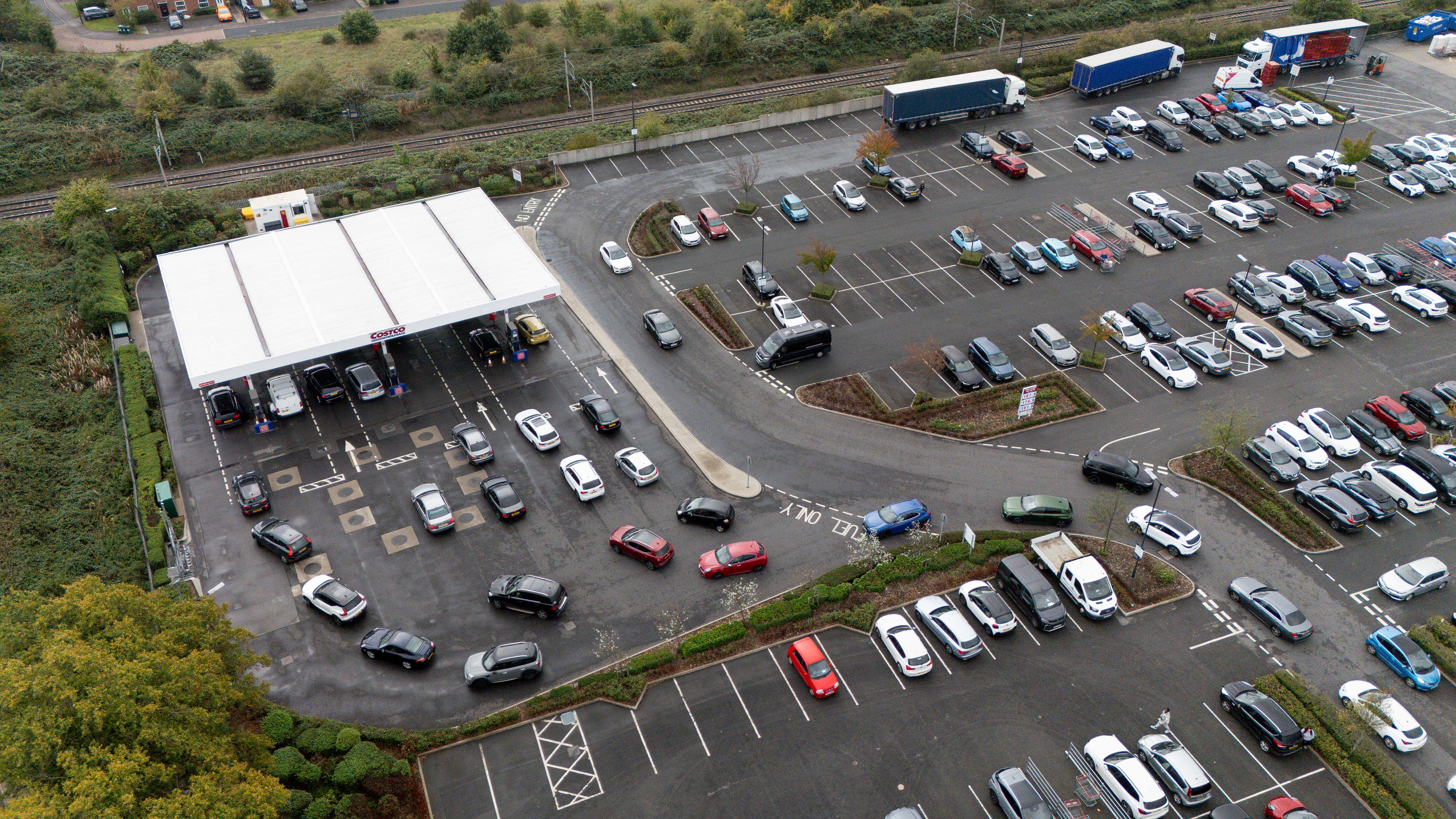Motorists queue for fuel at Costco in Coventry as the price of a litre of diesel hit a record high