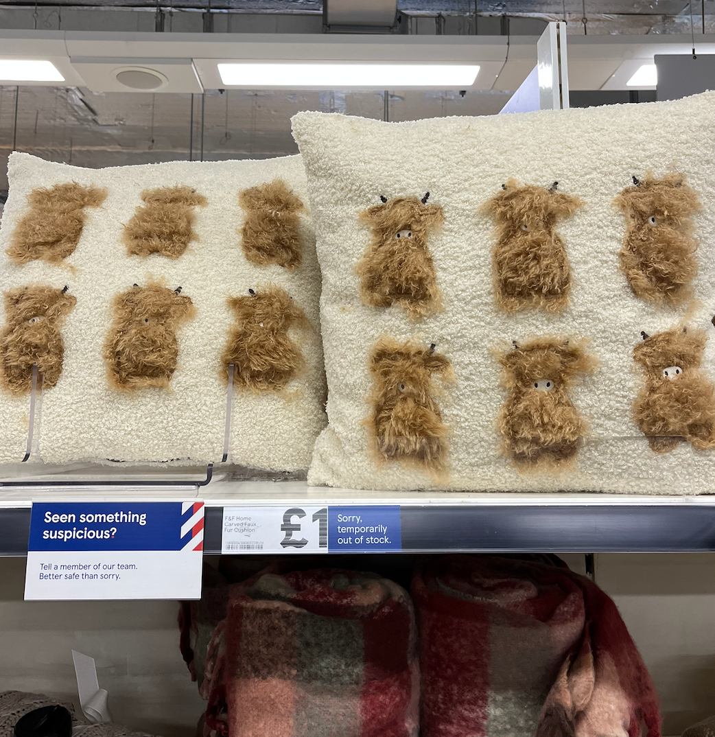 Milking it: fluffy Highland-themed cushions in my local Tesco