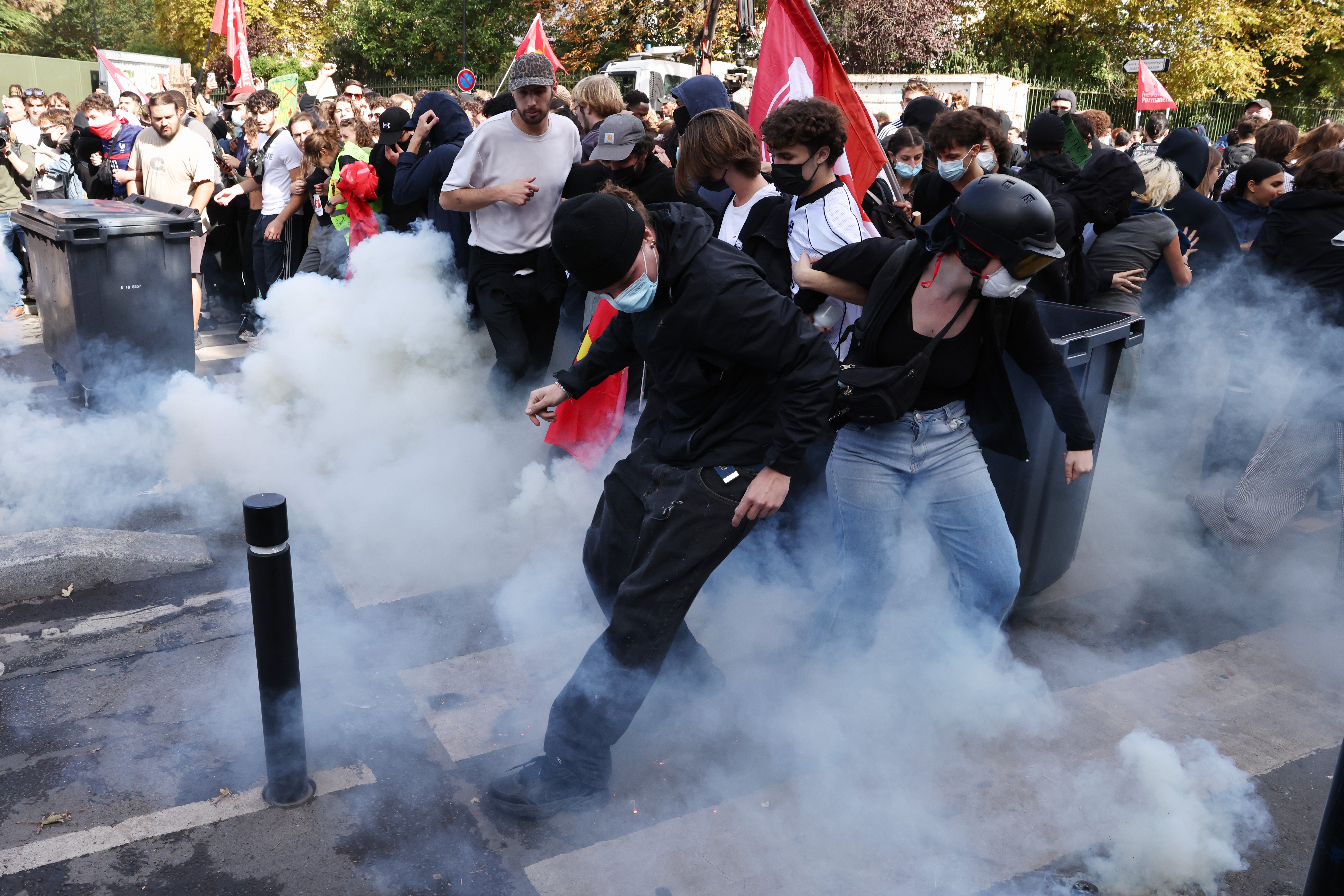 Police fire tear gas towards French students during a march in Aubervilliers (Getty)