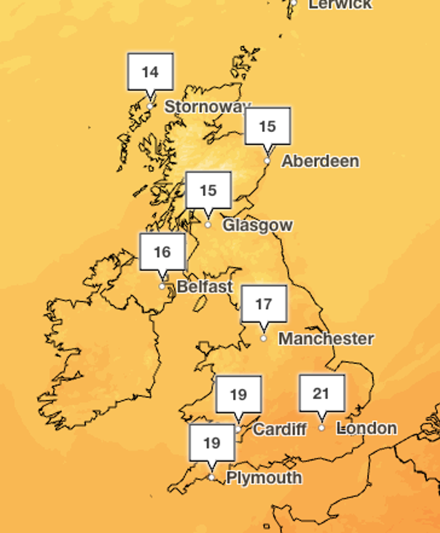 Temperatures on Saturday are set to stay mild with a warm 20C for parts of the south