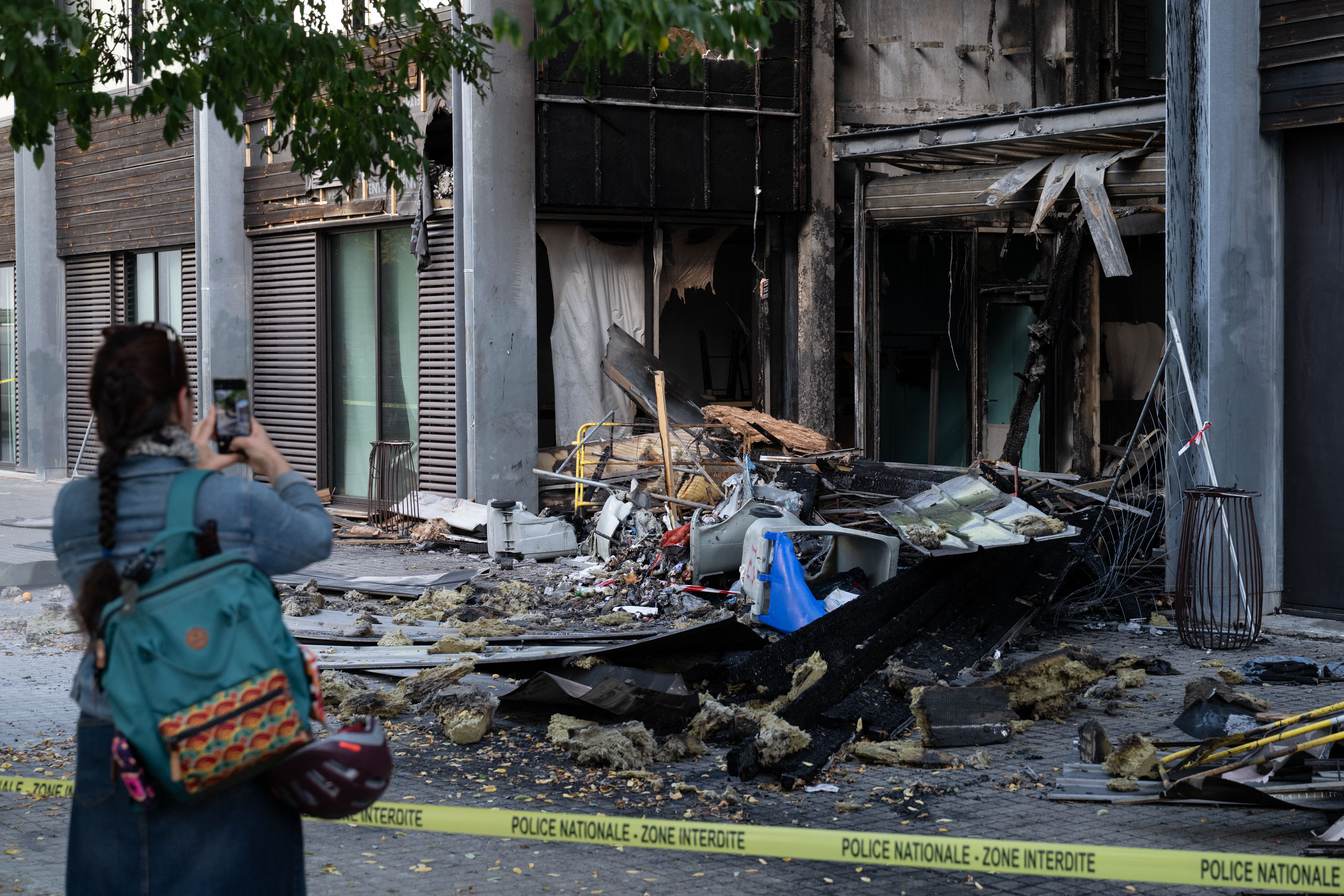 The burned out entrance of the Mandela's high school after a fire in Nantes