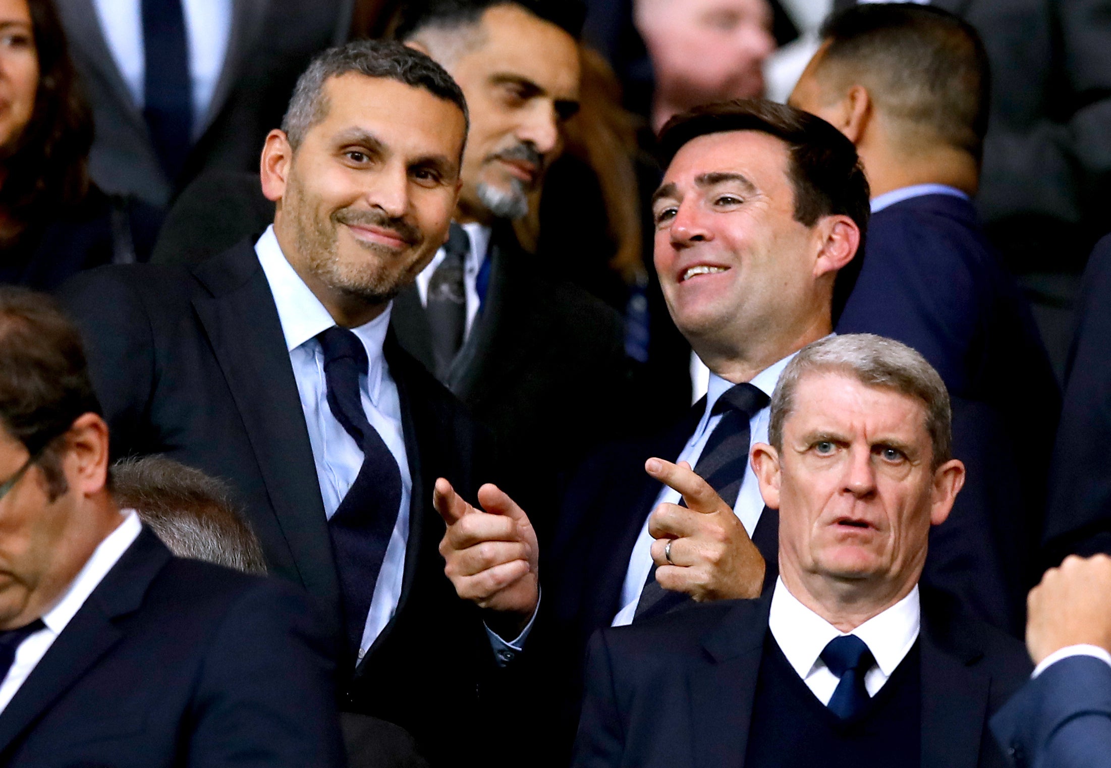 Andy Burnham speaks to Manchester City Chairman Khaldoon Al Mubarak prior to the Vincent Kompany Testimonial at the Etihad Stadium in 2019