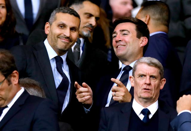 Andy Burnham speaks to Manchester City Chairman Khaldoon Al Mubarak prior to the Vincent Kompany Testimonial at the Etihad Stadium in 2019