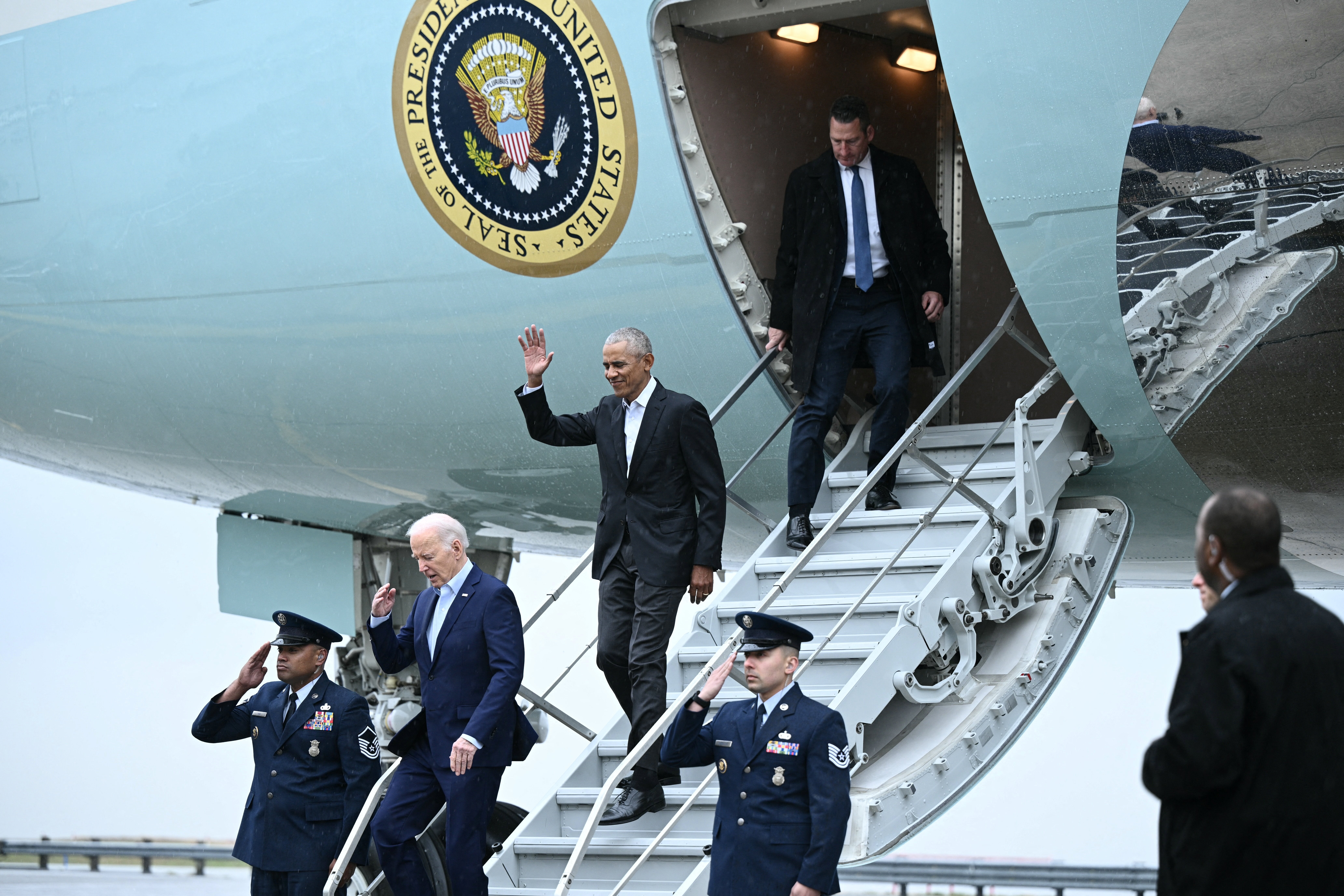 Trump has praised former President Barack Obama (pictured) for his prowess at walking down stairs