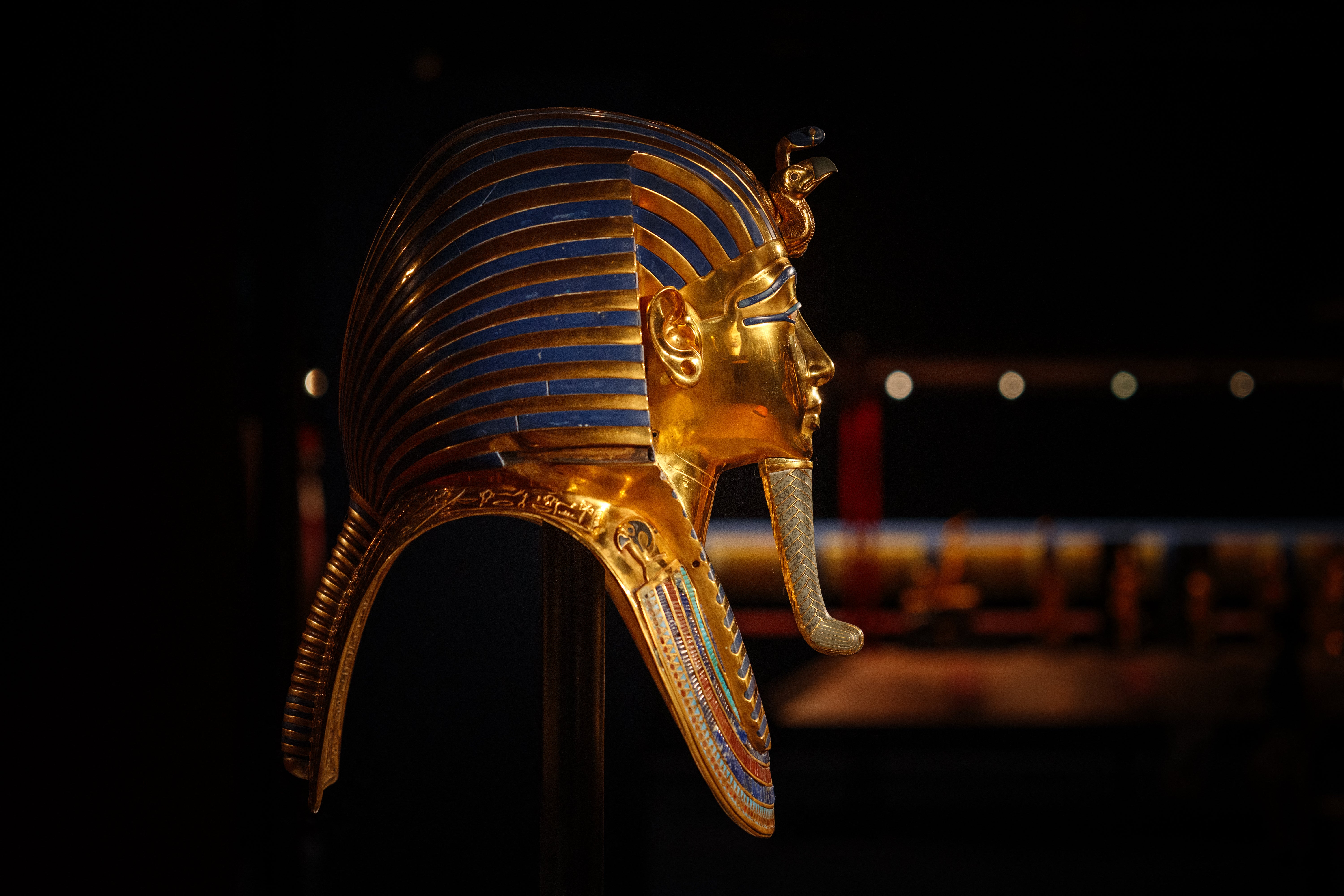 A replica of King Tutankhamun's gold burial mask on display in Paris