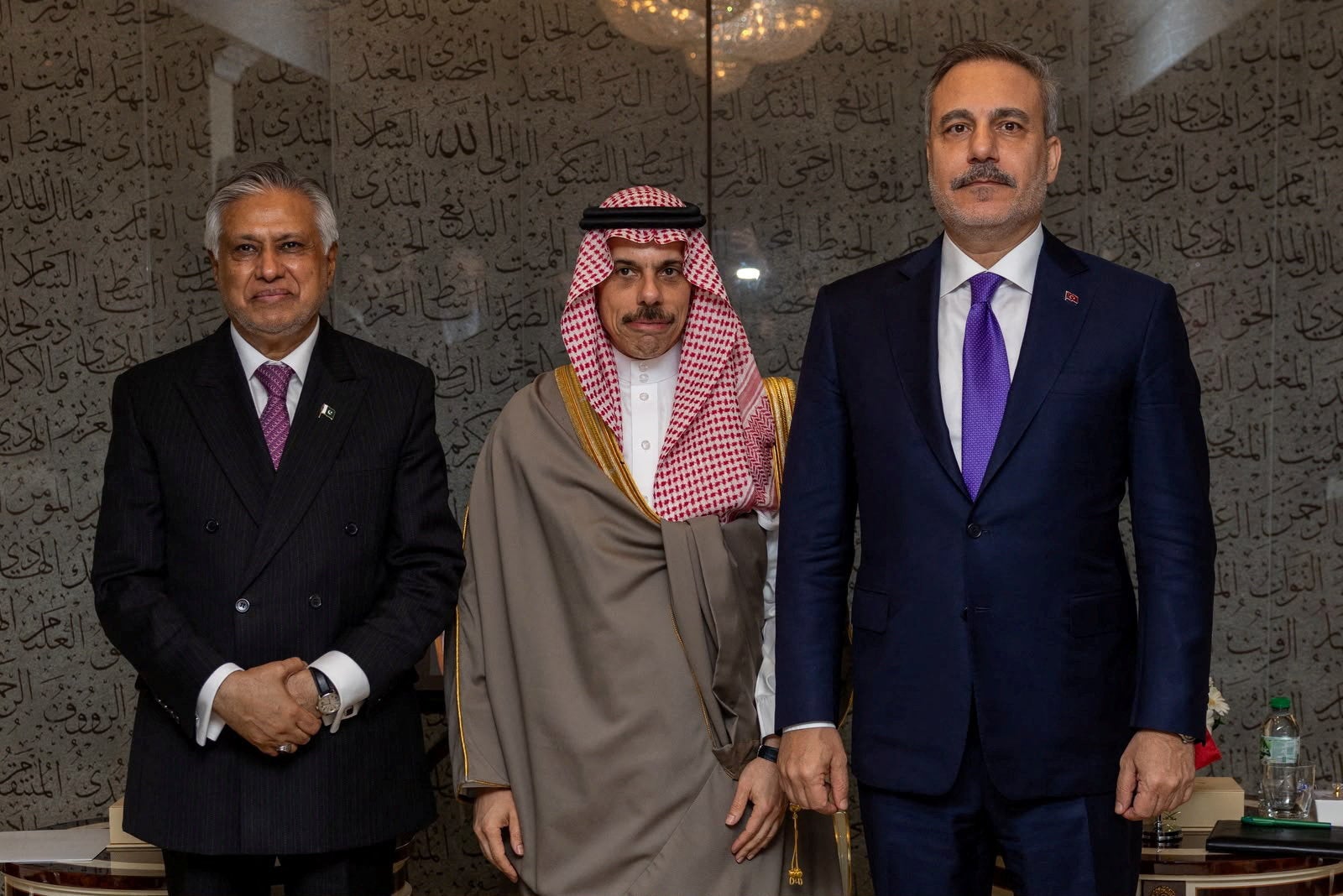 Turkey's Foreign Minister Hakan Fidan meets with Pakistan's Deputy Prime Minister and Foreign Minister Mohammad Ishaq Dar and Saudi Arabia's Foreign Minister Prince Faisal bin Farhan Al Saud on the sidelines of the 81st United Nations General Assembly in New York